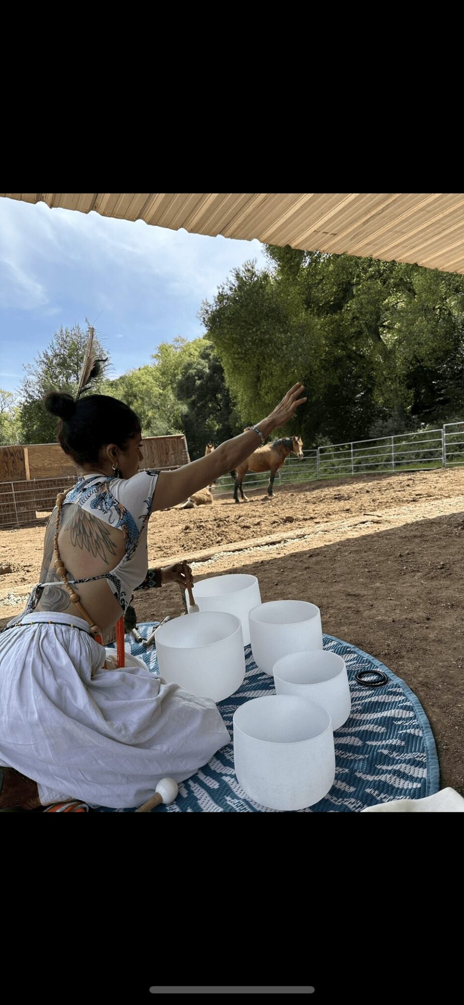 Child playing with singing bowls outdoors, pointing at something, with trees and a fence in the background.