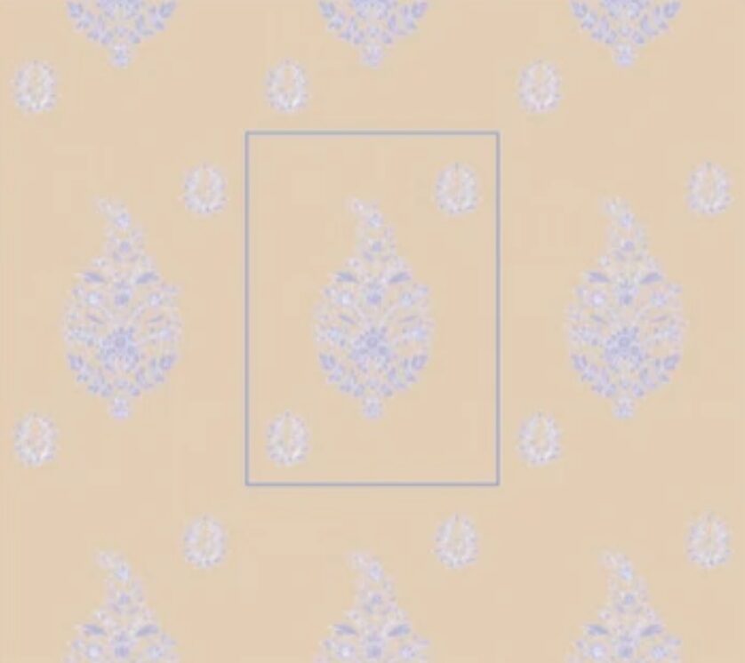 Pattern of ornate, symmetrical designs on a beige background, with some designs inside a rectangle outline.