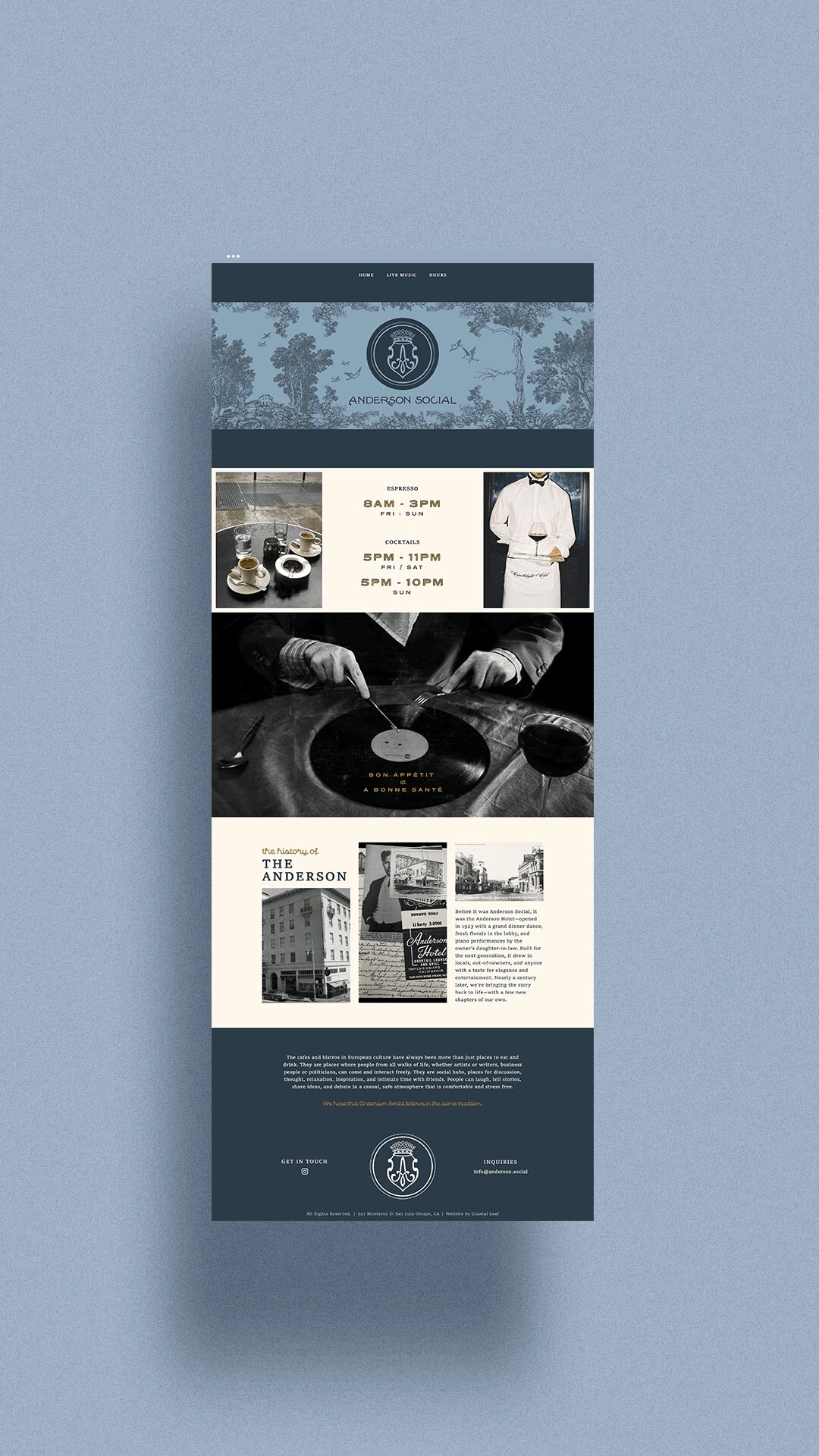 Vertical promotional banner with images of a record player, a person in a white outfit, and text sections, on a blue background.