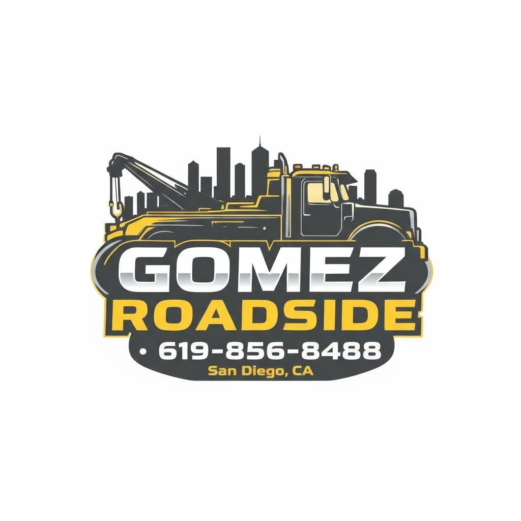 Logo for Gomez Roadside with a tow truck, city skyline, phone number, and location in San Diego, California.