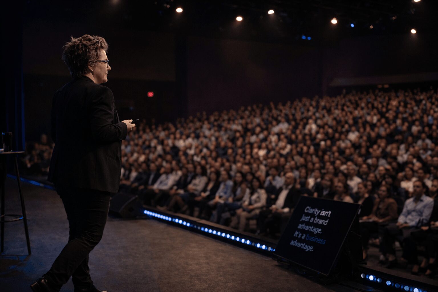 Woman speaking on stage to large audience in auditorium, with a screen displaying text nearby.