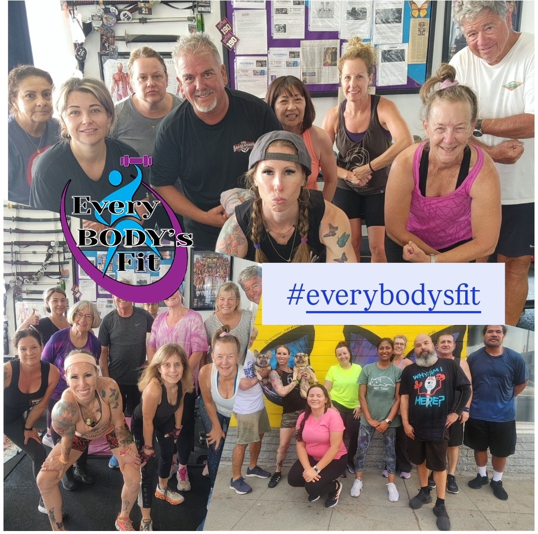 Group of people in a fitness class, smiling and posing indoors, with a logo and hashtag overlay.
