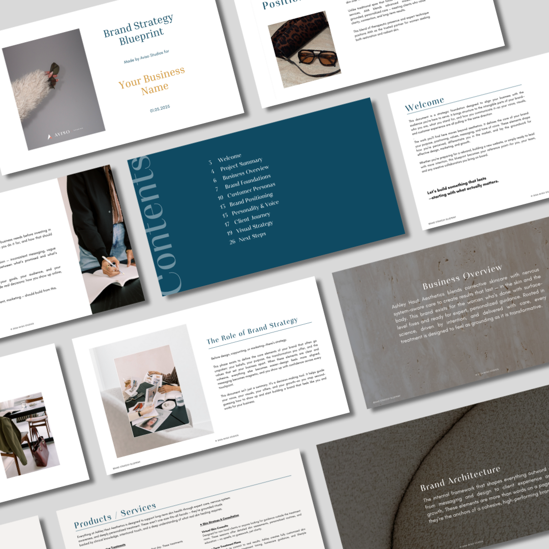 Collection of business presentation slides with text, images, and graphics in various layouts and colors.