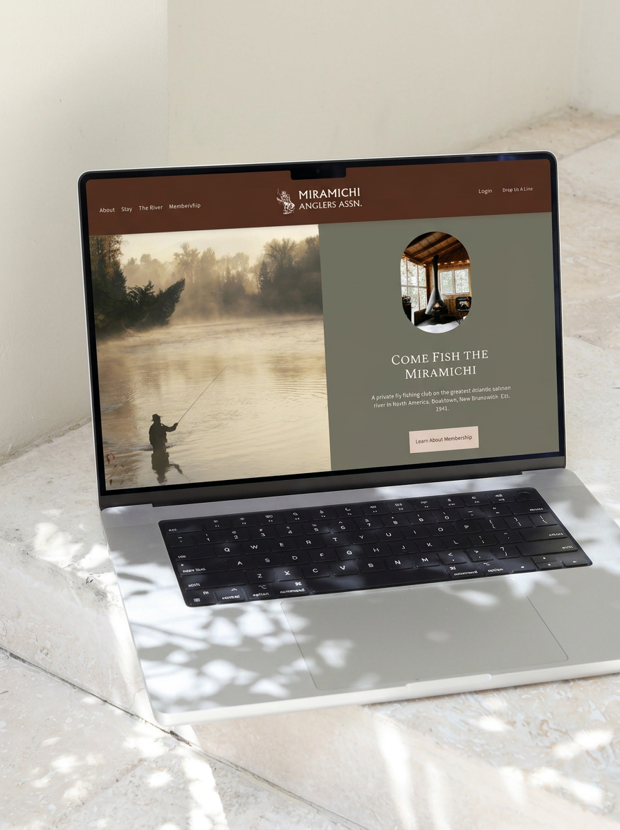 Laptop on a white surface with shadows, displaying a website about Miramichi, featuring a river scene and a person fishing.