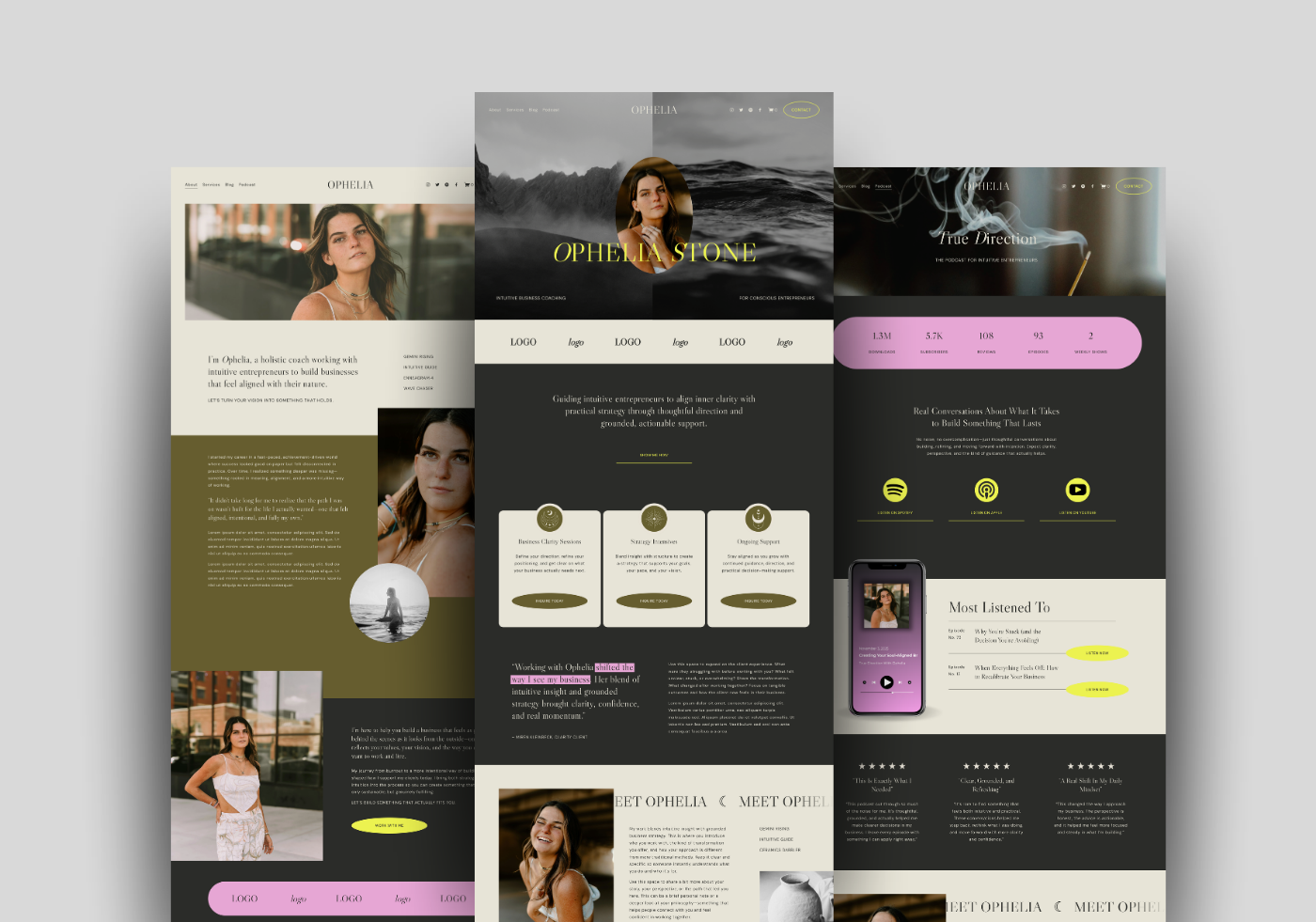 Three website homepage designs with images of women, text sections, and colorful accents, displayed side by side.