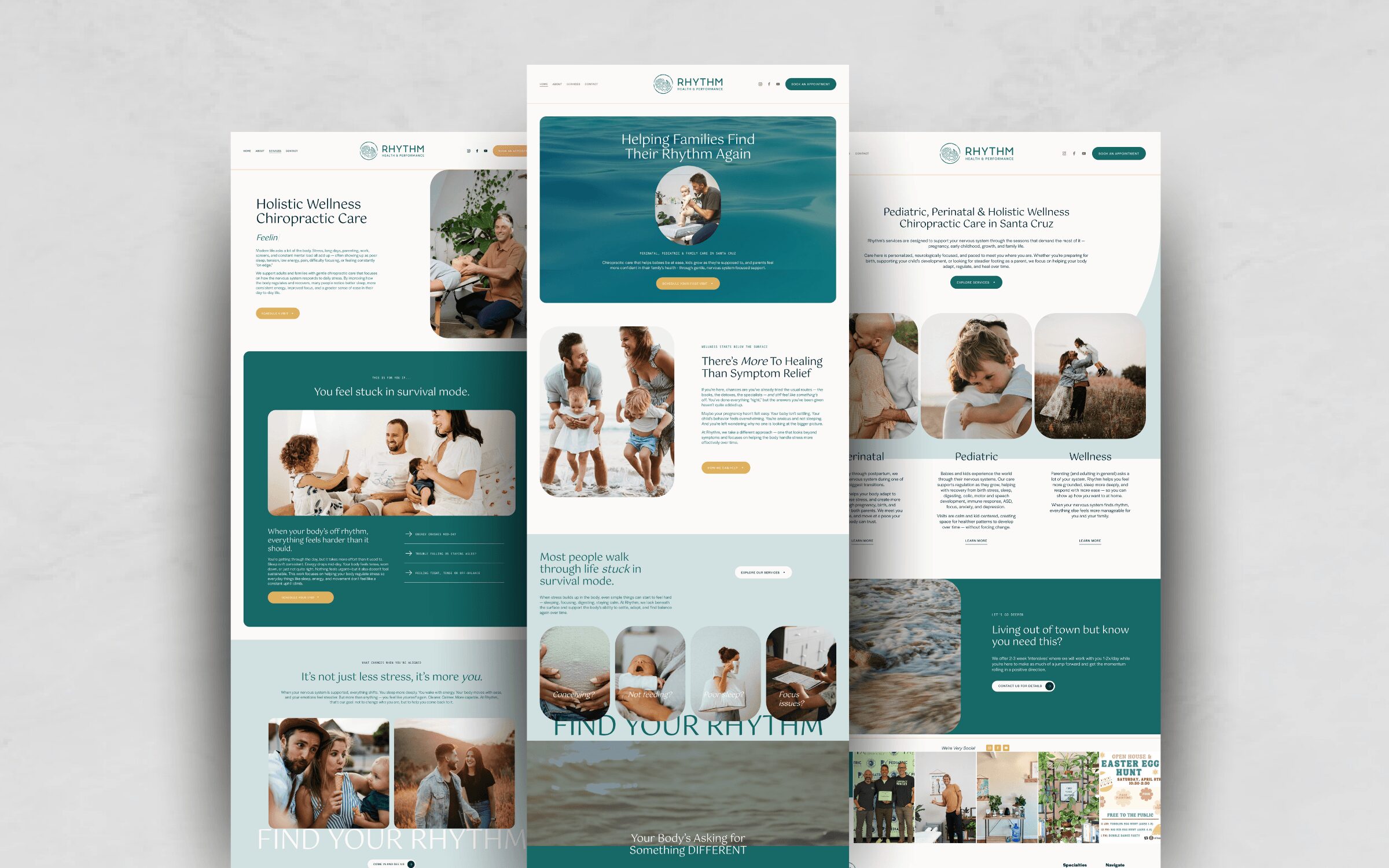 Three website mockups with images of children, adults, and outdoor scenes, featuring text and buttons, arranged vertically.