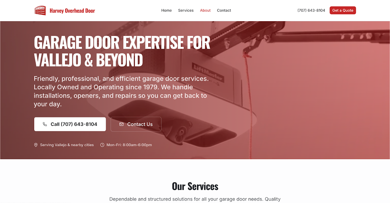 Garage door with red overlay, text about garage door expertise, contact button, and website navigation menu.