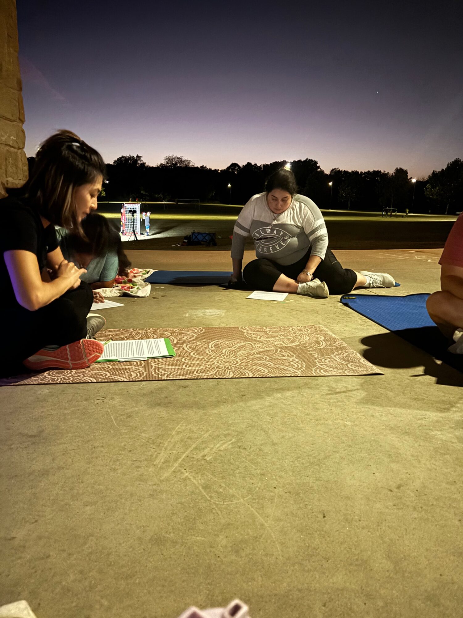 People practicing yoga outdoors on mats during evening, with trees and sky in background.