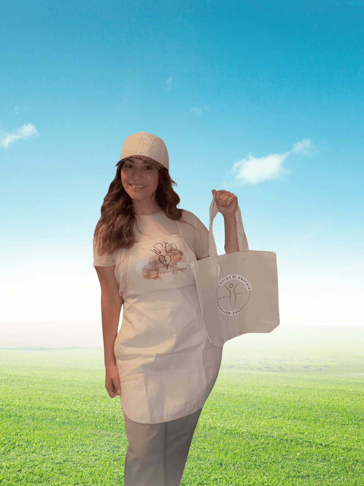 Young woman in a white dress and hat holding a tote bag outdoors with a grassy field and blue sky.