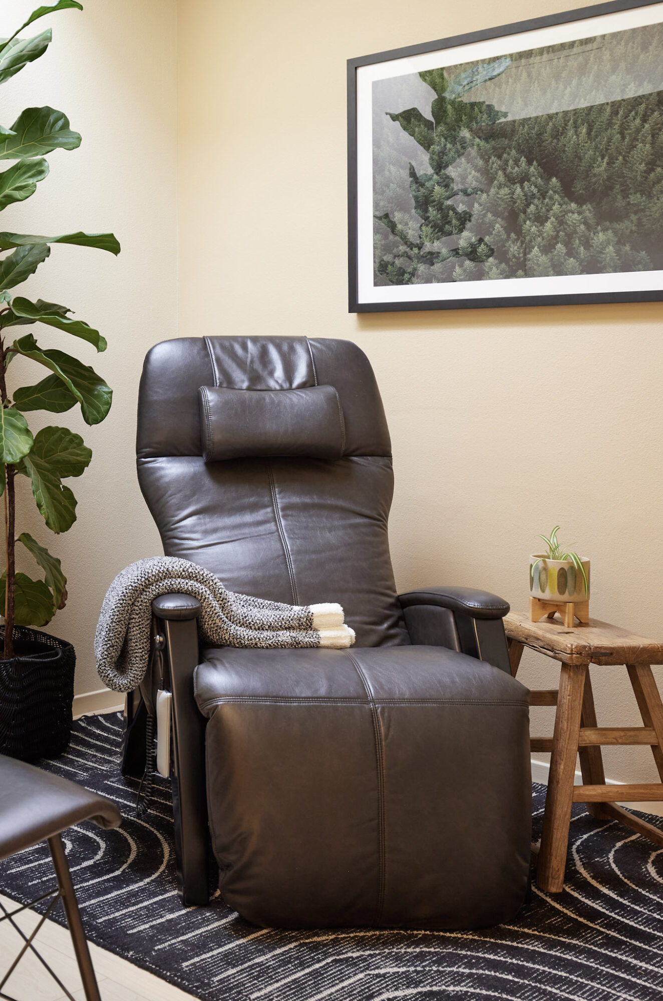 Leather recliner chair with a blanket and pillow, next to a small wooden table with a plant, in a room with a framed picture on the wall.