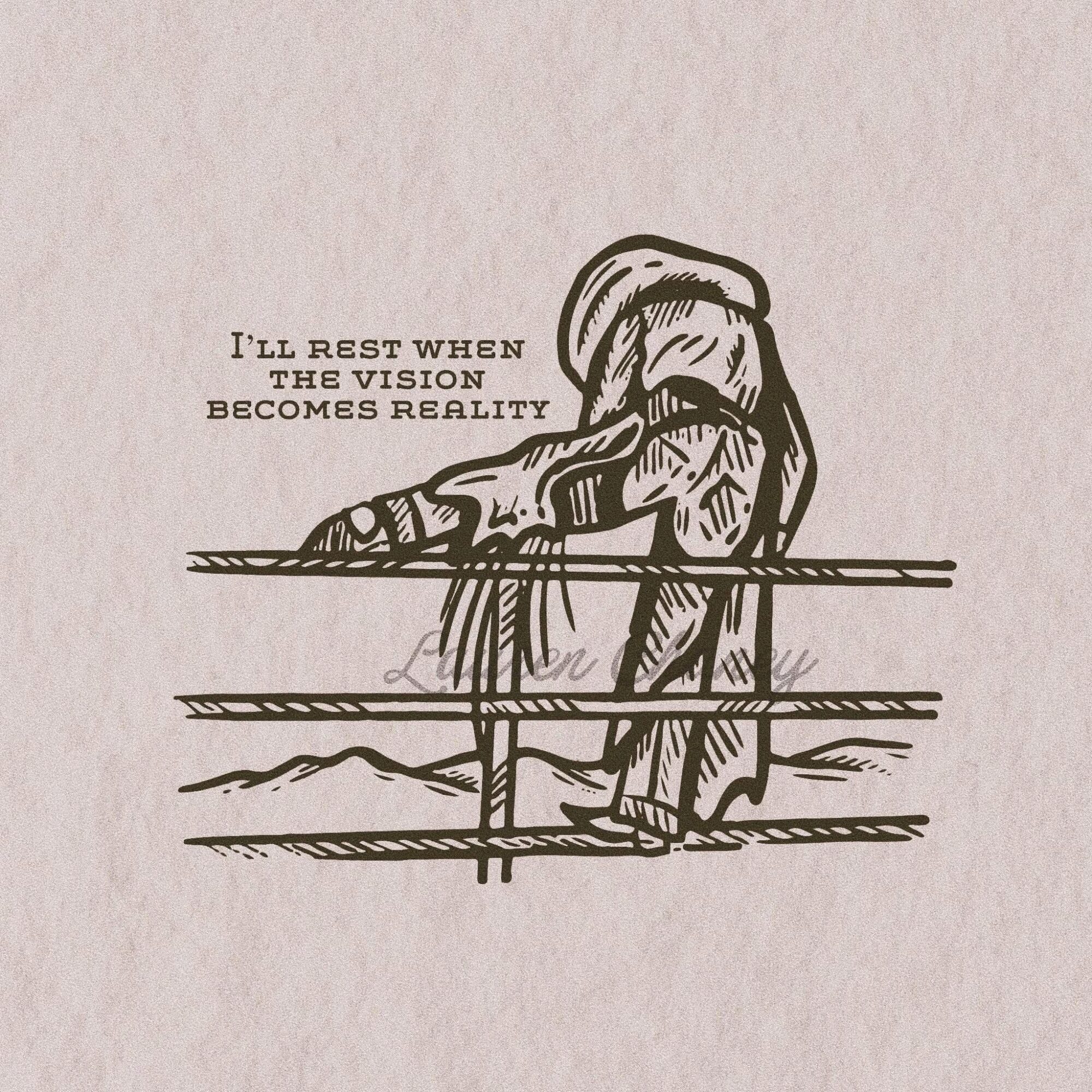 A person resting on a chair with a quote about vision and reality, with horizontal lines and a mountain in the background.