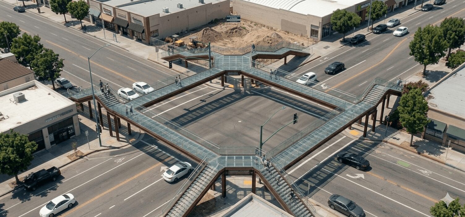 A pedestrian bridge crosses a busy intersection with cars and trees, forming a square shape from above.