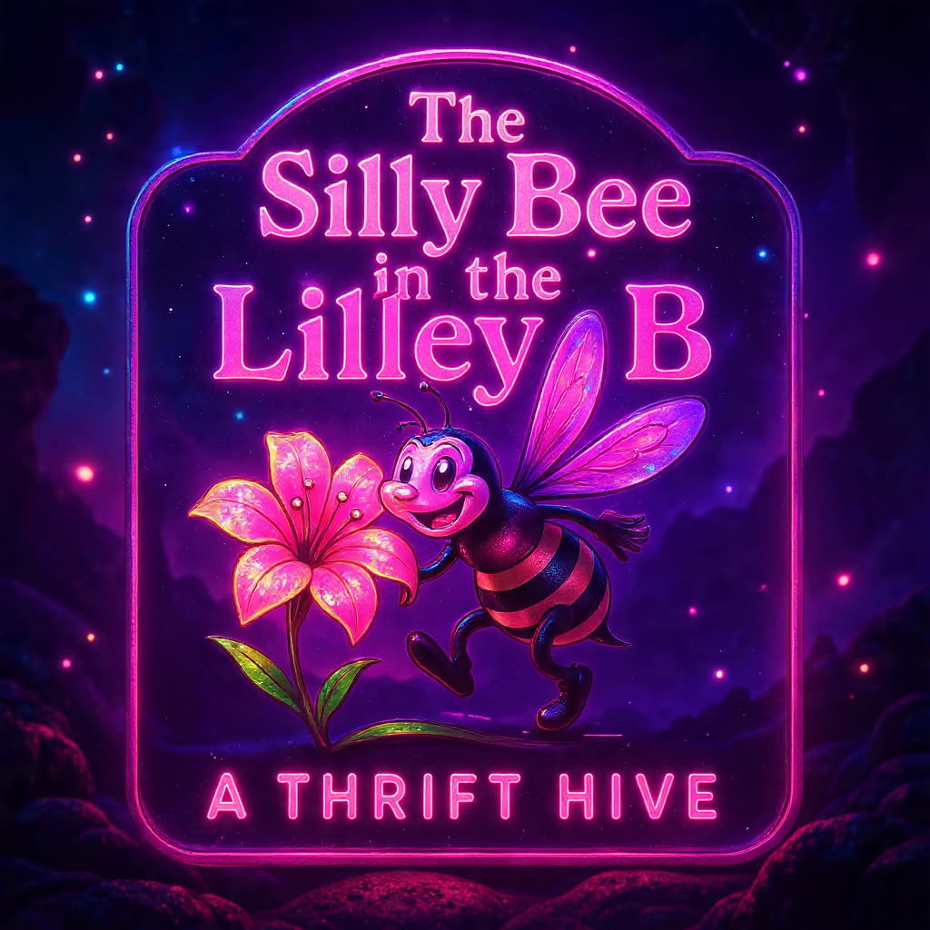 Bright pink and purple title with a bee character and flower, glowing neon style, on a dark background.