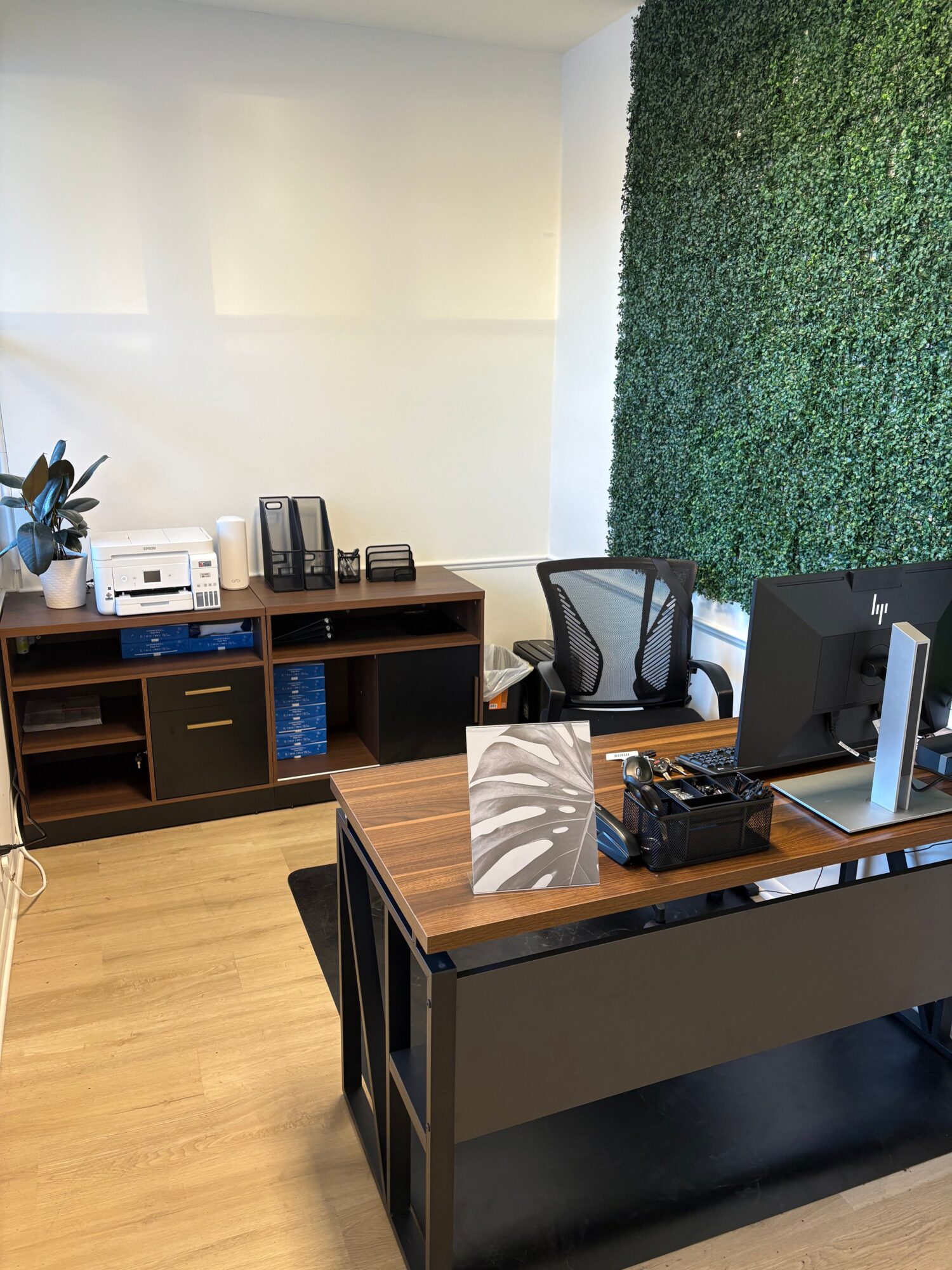 Office with desk, chair, and a green wall, with a cabinet and office supplies in the background.