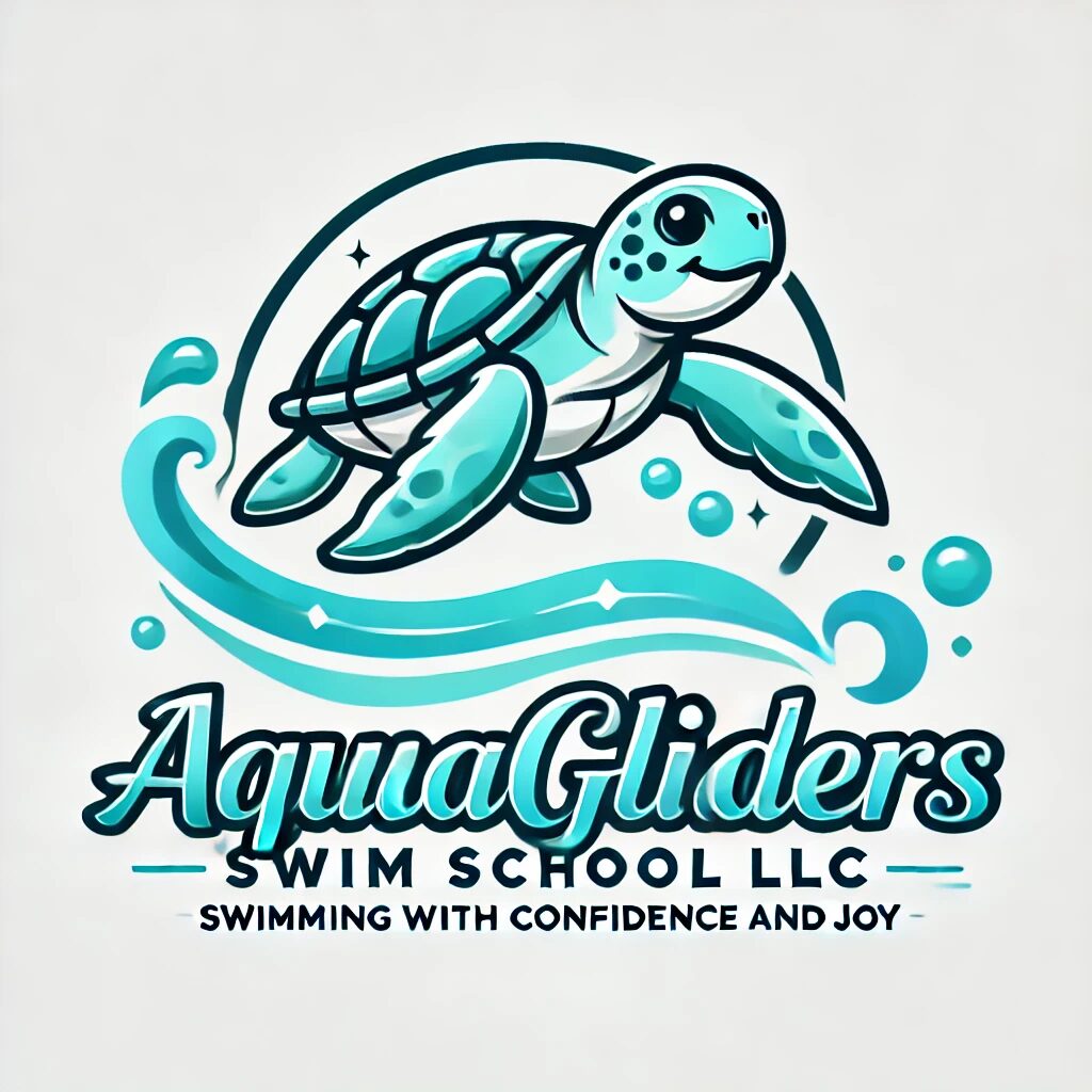 Logo of a turtle swimming with water and bubbles, with text 'Aqua Gliders Swim School LLC' and slogan 'Swimming with confidence and joy'.