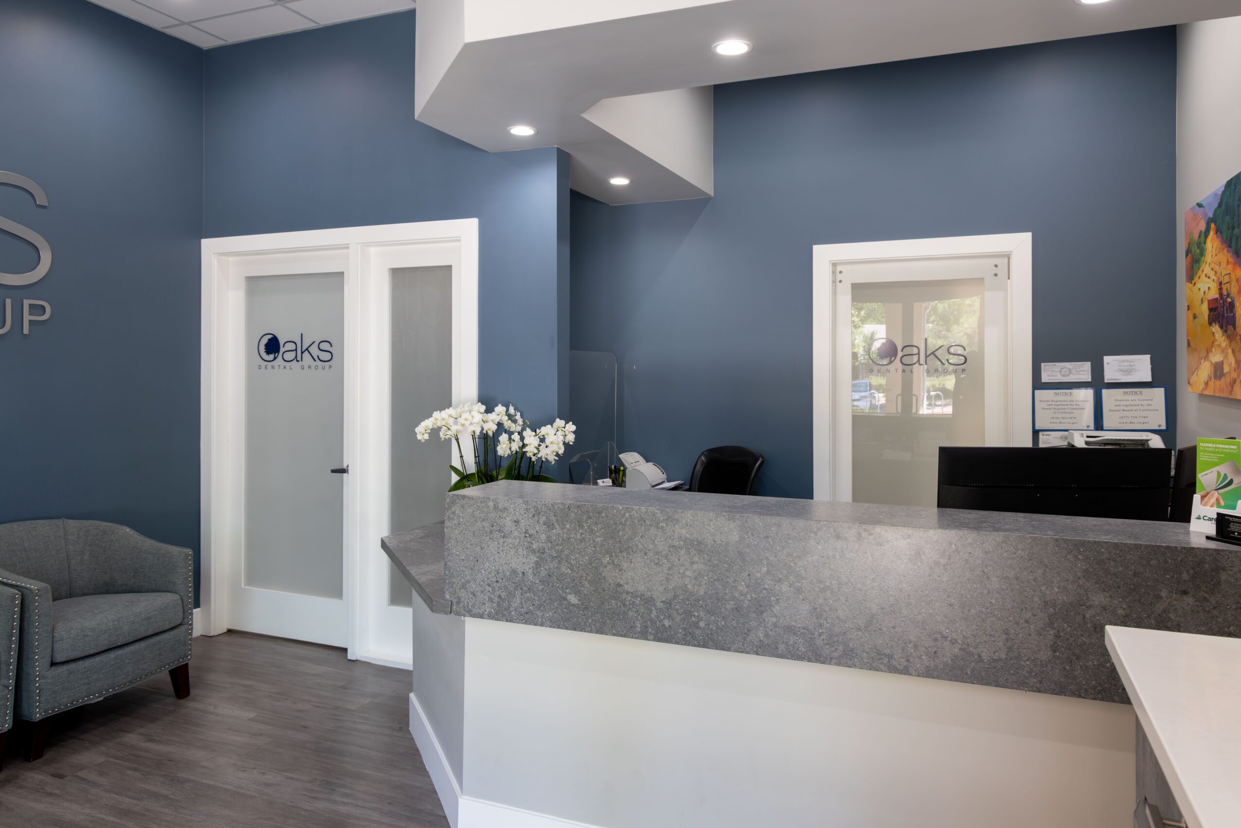 Reception area with a gray counter, two white doors with glass panels, and a gray armchair, blue walls, and a flower arrangement.