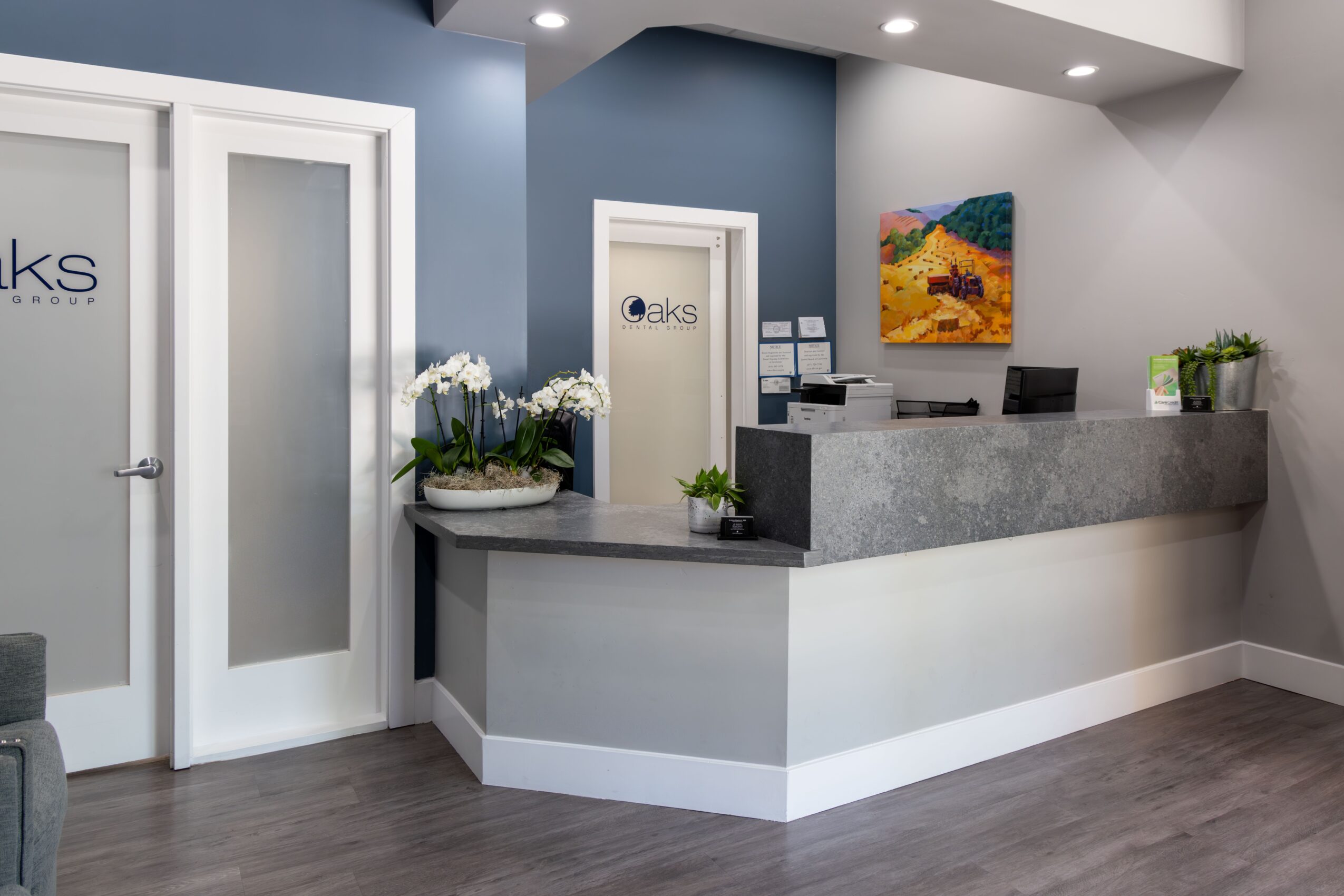 Reception area with a curved desk, potted plants, and a colorful painting on the wall.