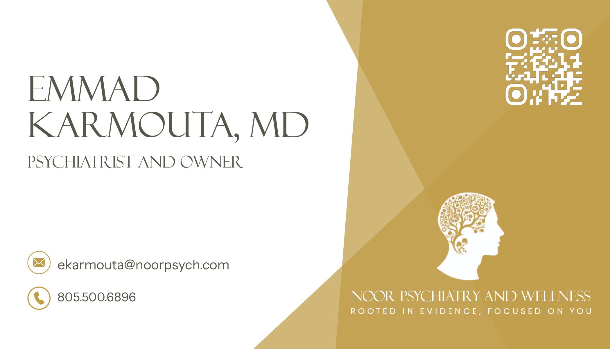 Business card with name, title, email, phone, and a QR code, featuring a gold and white geometric design.
