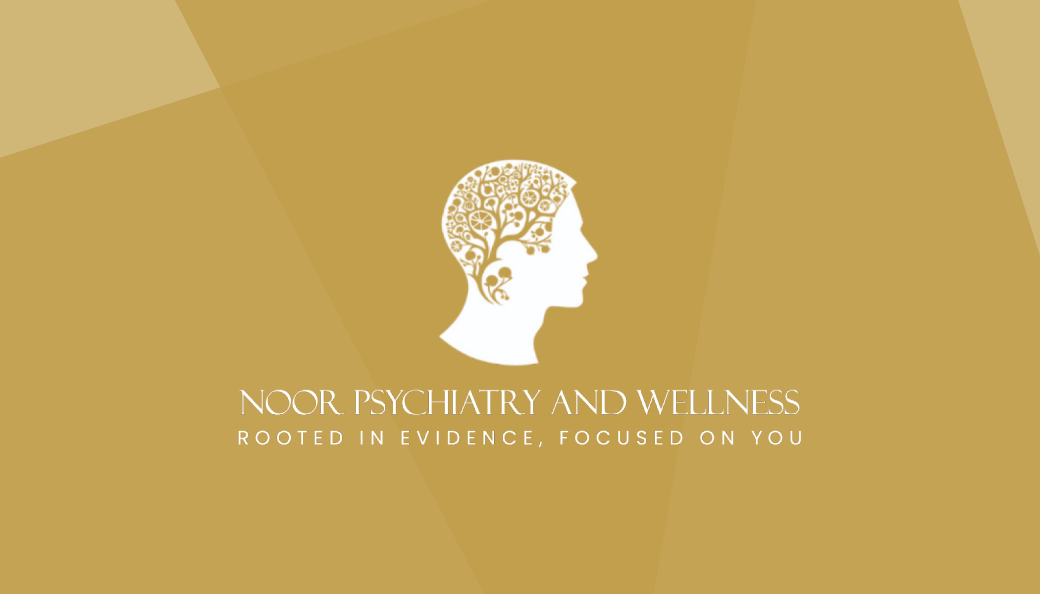 Logo with a profile of a person's head filled with a brain illustration, gold background, and text about psychiatry and wellness.