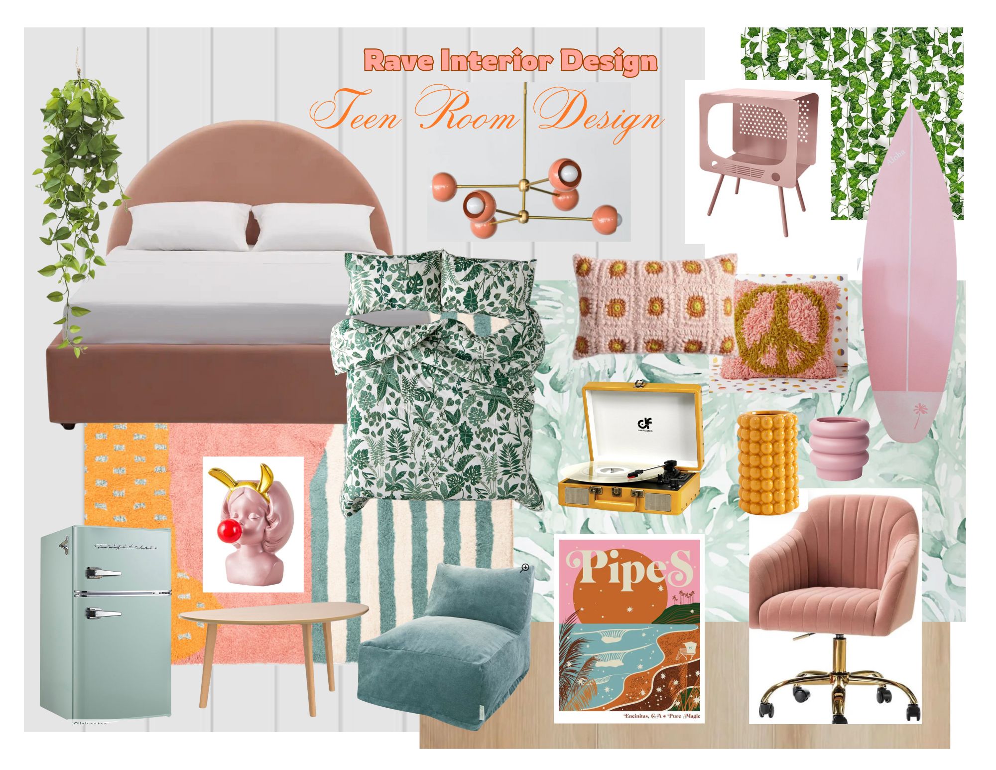 Collage of interior design elements for a teen room, including furniture, decor, and color swatches.