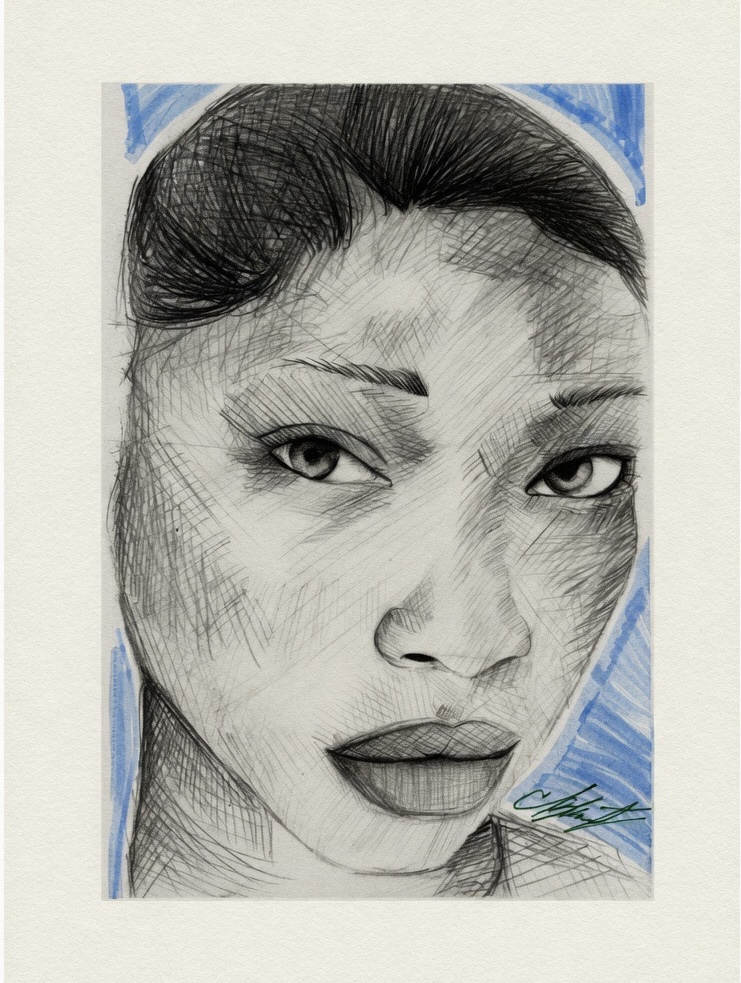 Black and white portrait of a woman with short hair, detailed facial features, and a blue background.