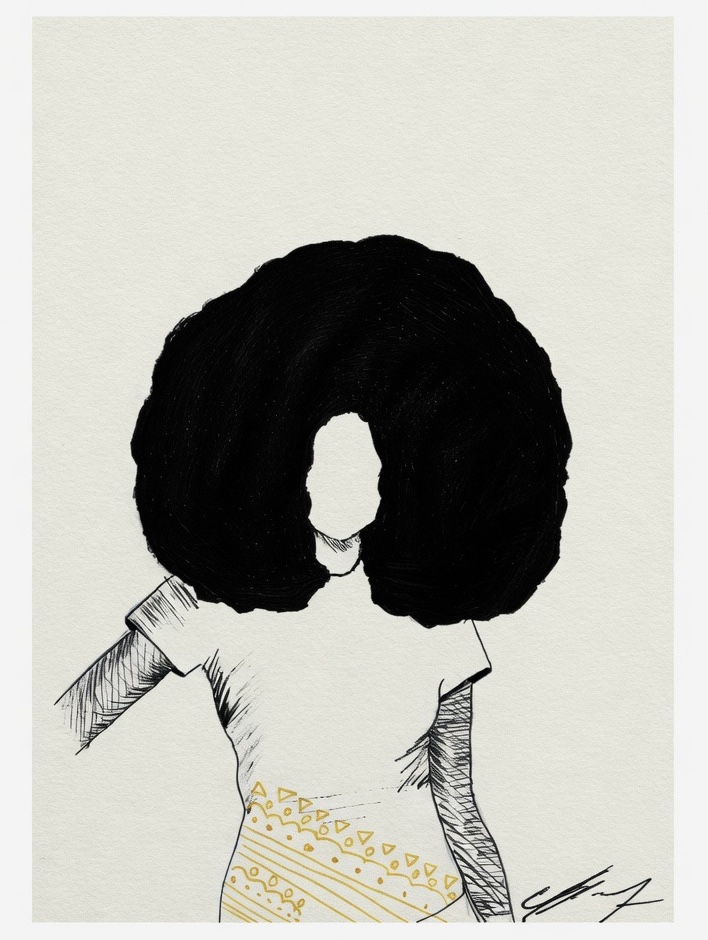 Drawing of a woman with large, curly hair covering her face, wearing a short-sleeved top with patterned details.