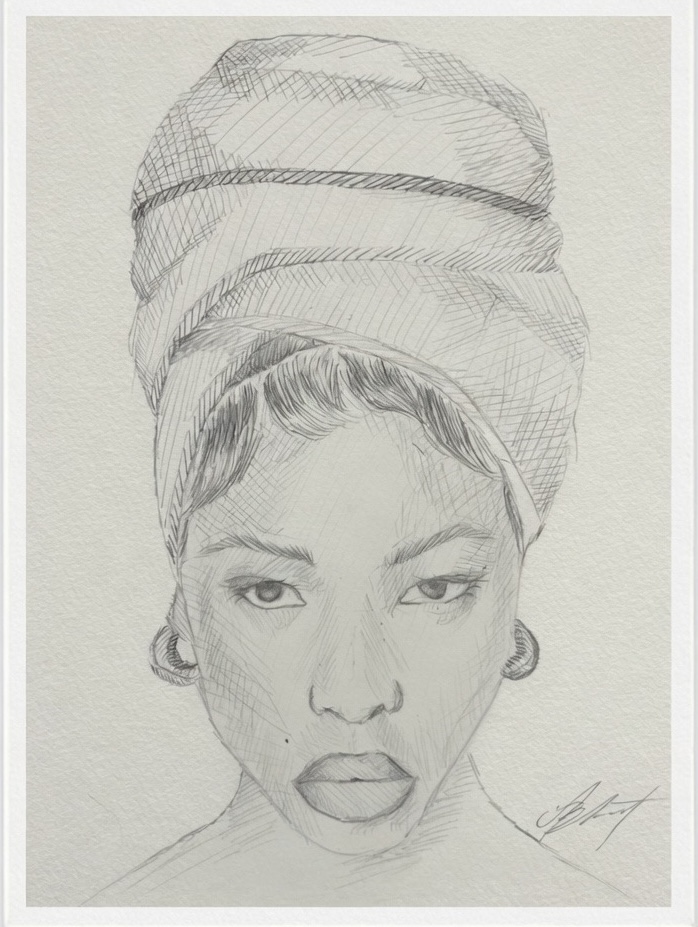 Sketch of a woman with a headwrap, earrings, and a serious expression, facing forward.