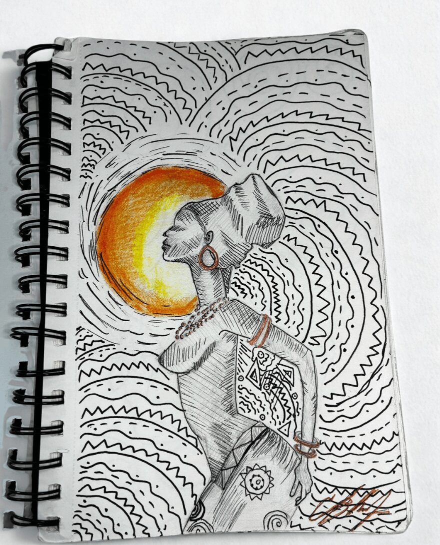 Sketch of a woman with a large bun hairstyle, carrying a bag, with abstract swirling lines in the background.