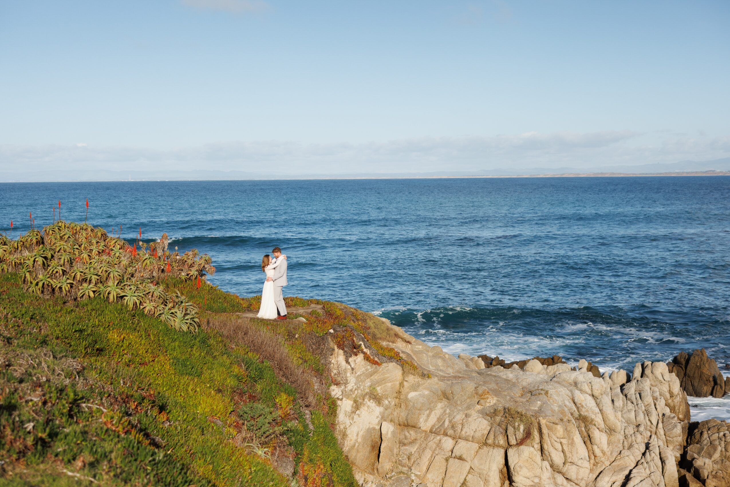 A couple in wedding attire stands on a grassy cliff overlooking the ocean under a clear sky.