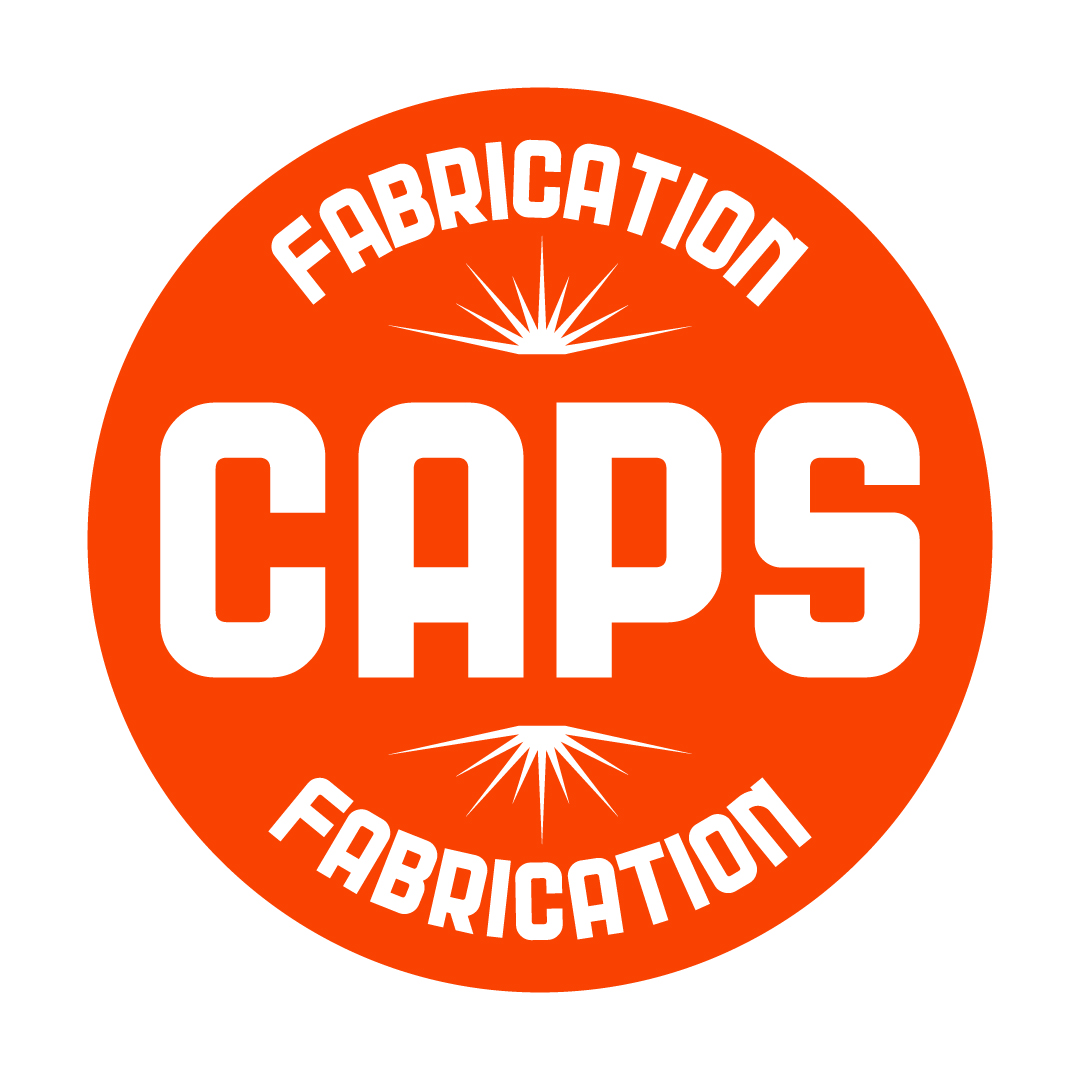 Red circular logo with white text reading 'CAPS' and 'Fabrication' above and below, with starburst designs.