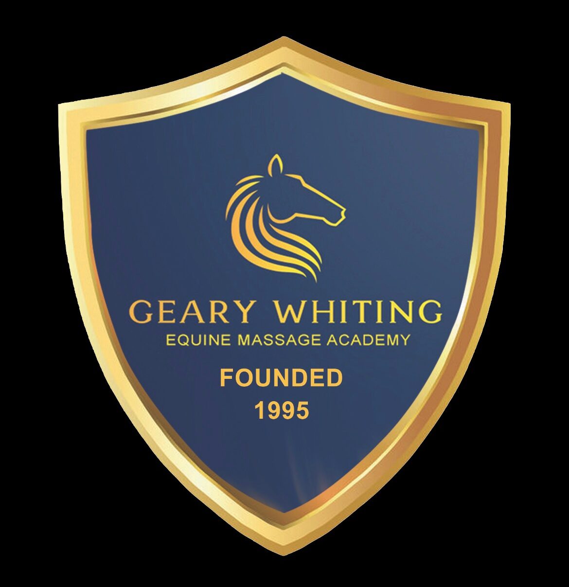 Shield-shaped logo with a horse's head, text, and a gold border on a black background.