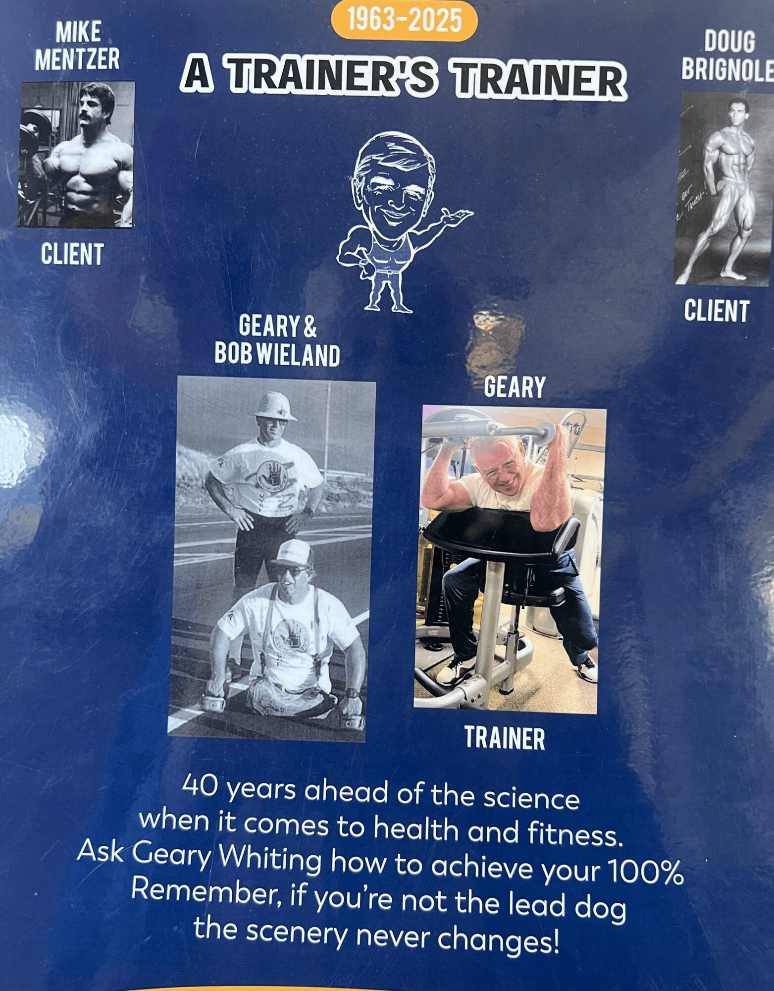 Group photo with text about trainers and clients, including black-and-white and color images of people, with a blue background.