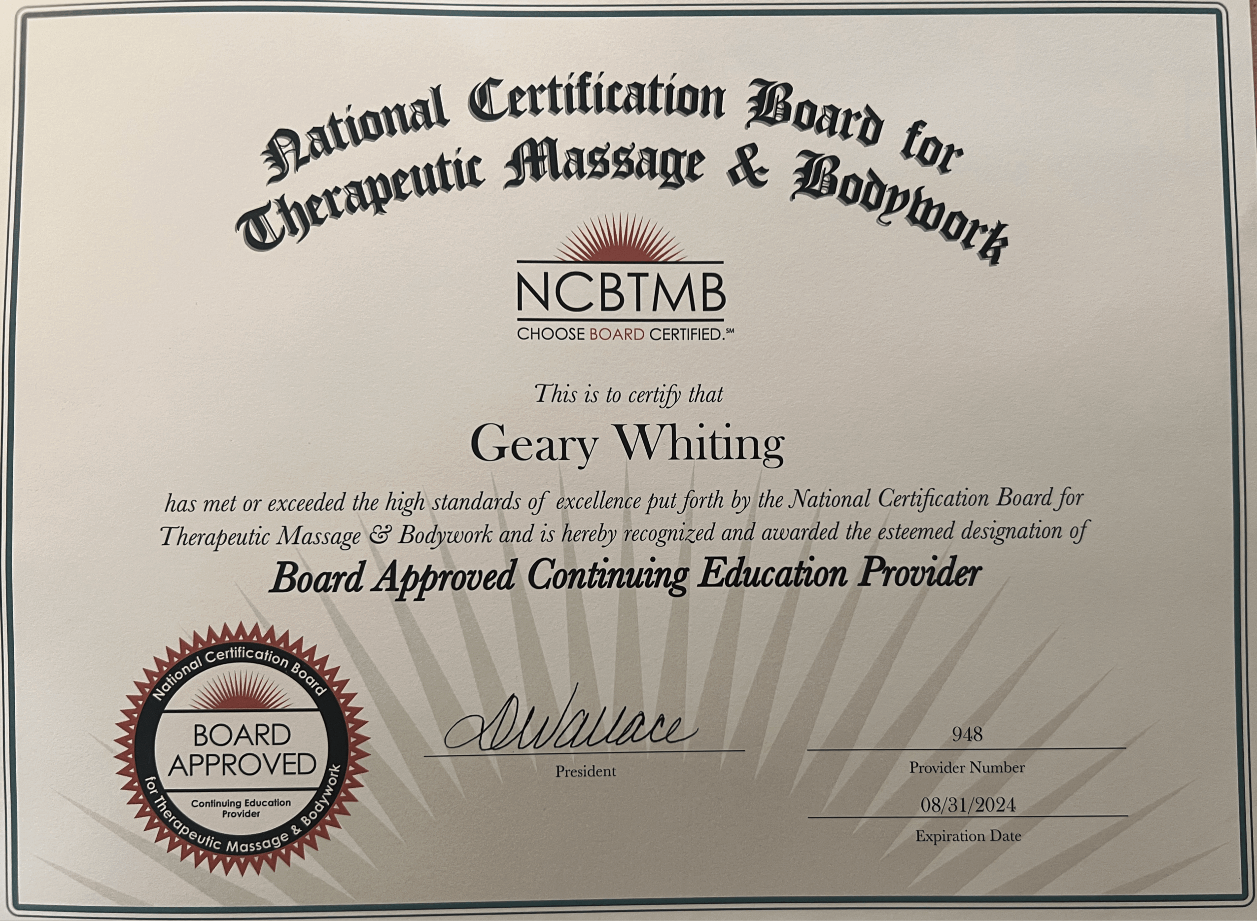 Certificate from the National Certification Board for Therapeutic Massage and Bodywork awarded to Geary Whiting, signed and stamped, with a decorative background.