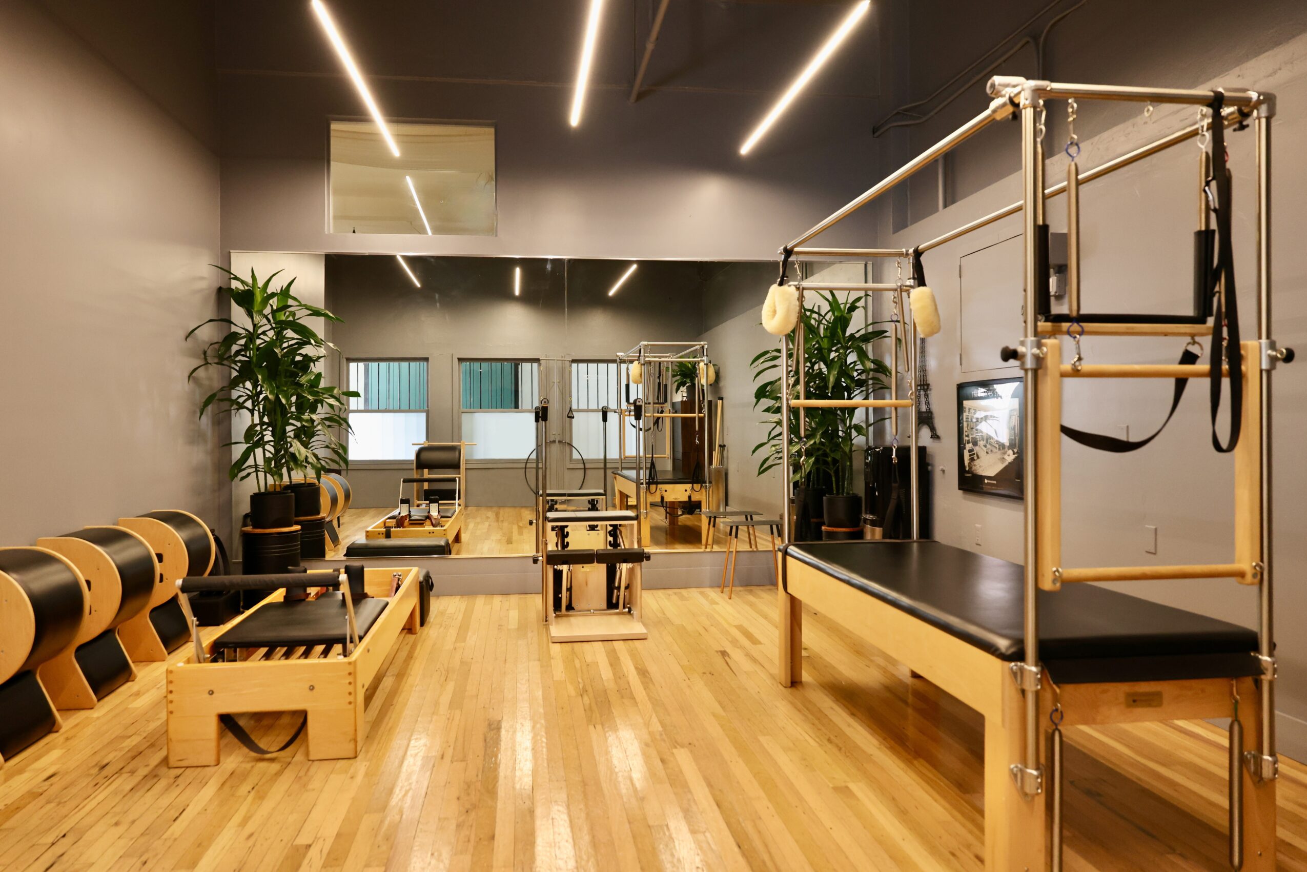 Fitness studio with wooden flooring, mirrors, exercise equipment, and plants, illuminated by ceiling lights.