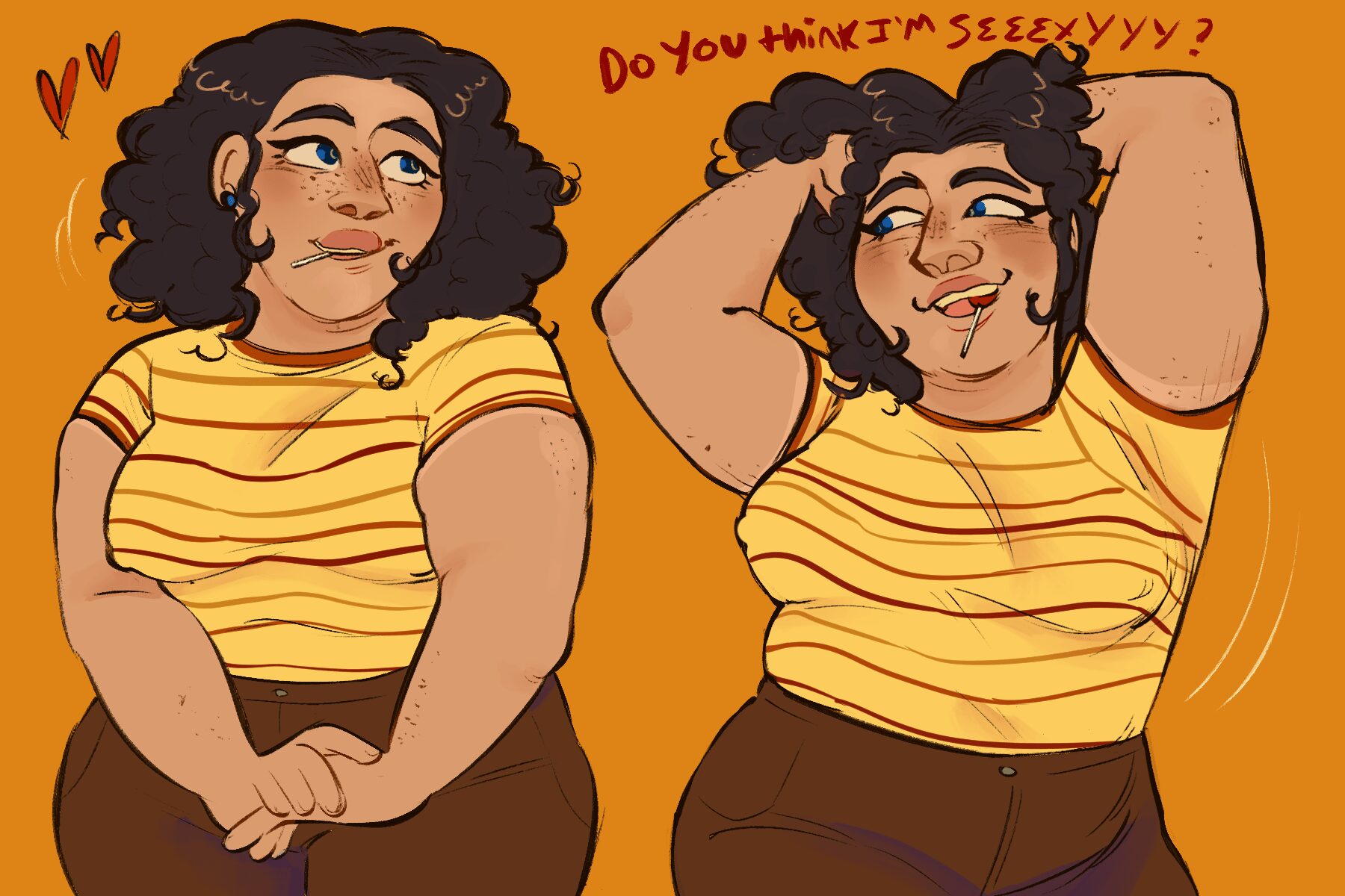 Two women with curly hair wearing yellow striped shirts, one looking shy and the other playful, against an orange background.