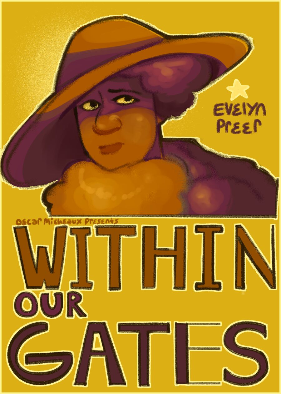 Illustration of a woman wearing a large hat, with text reading 'Within Our Gates' and 'Evelyn Preer'.