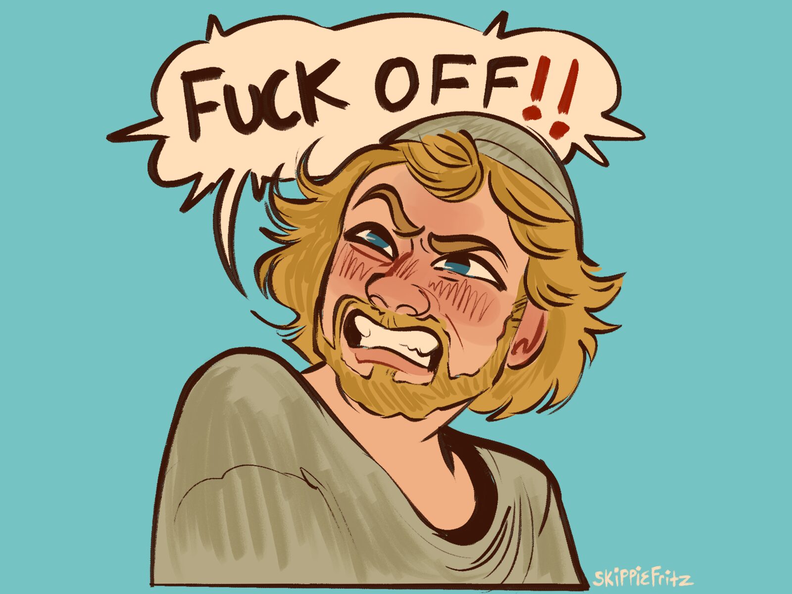 A person with shoulder-length hair and a beard shows an angry expression, with a speech bubble saying 'FUCK OFF!!'.