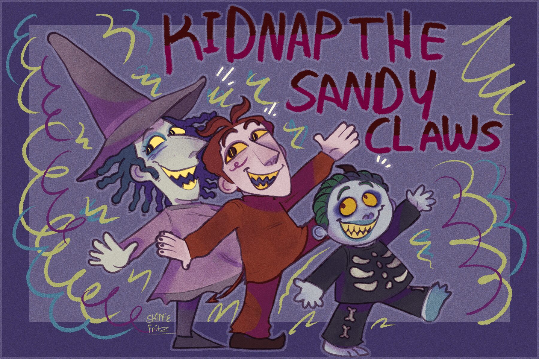 Three cartoon characters: a witch, a person, and a skeleton, with colorful background and text reading 'Kidnap the Sandy Claws'.