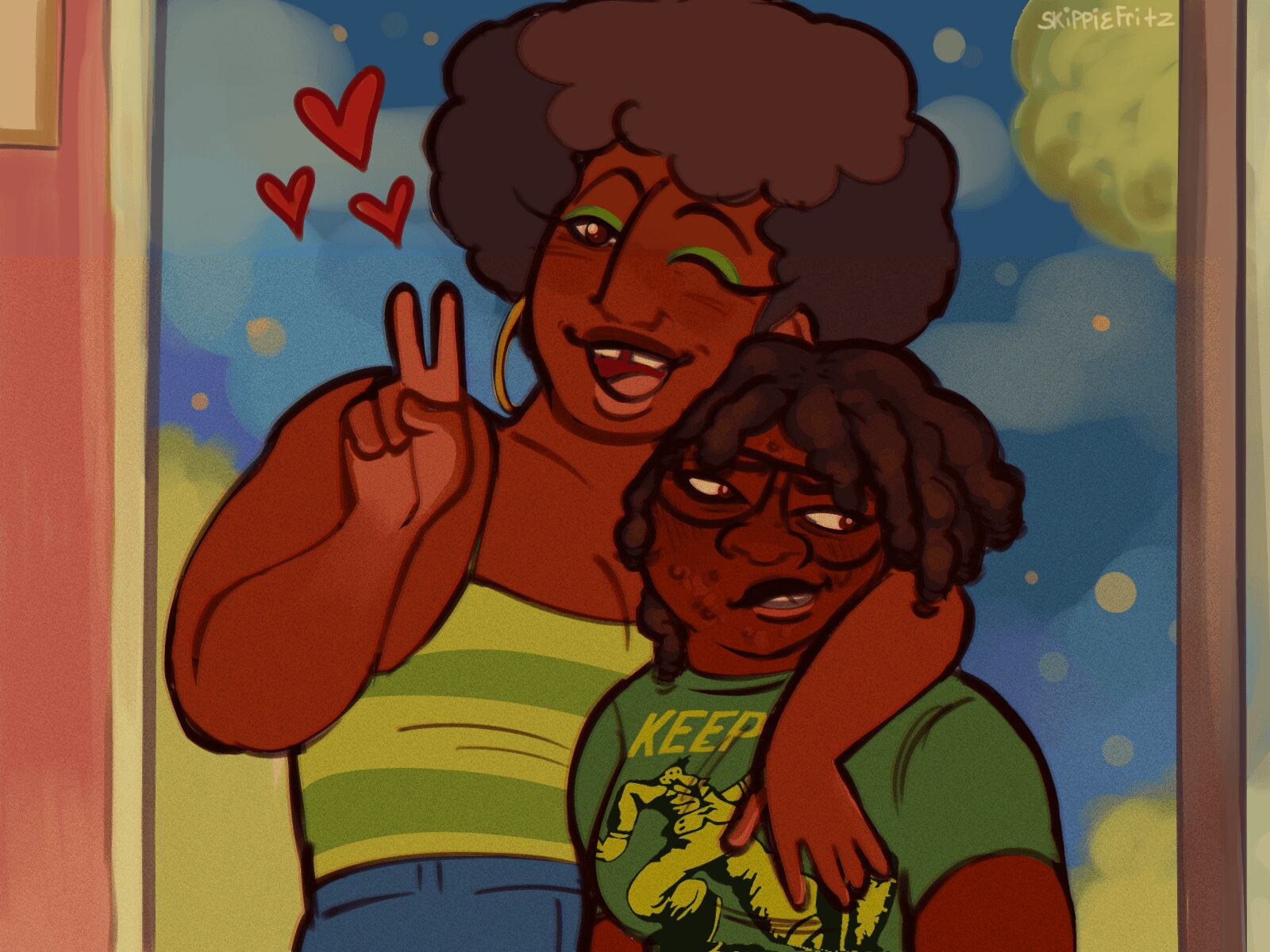 Two animated characters, a woman and a boy, smiling and making peace signs, with hearts above them.