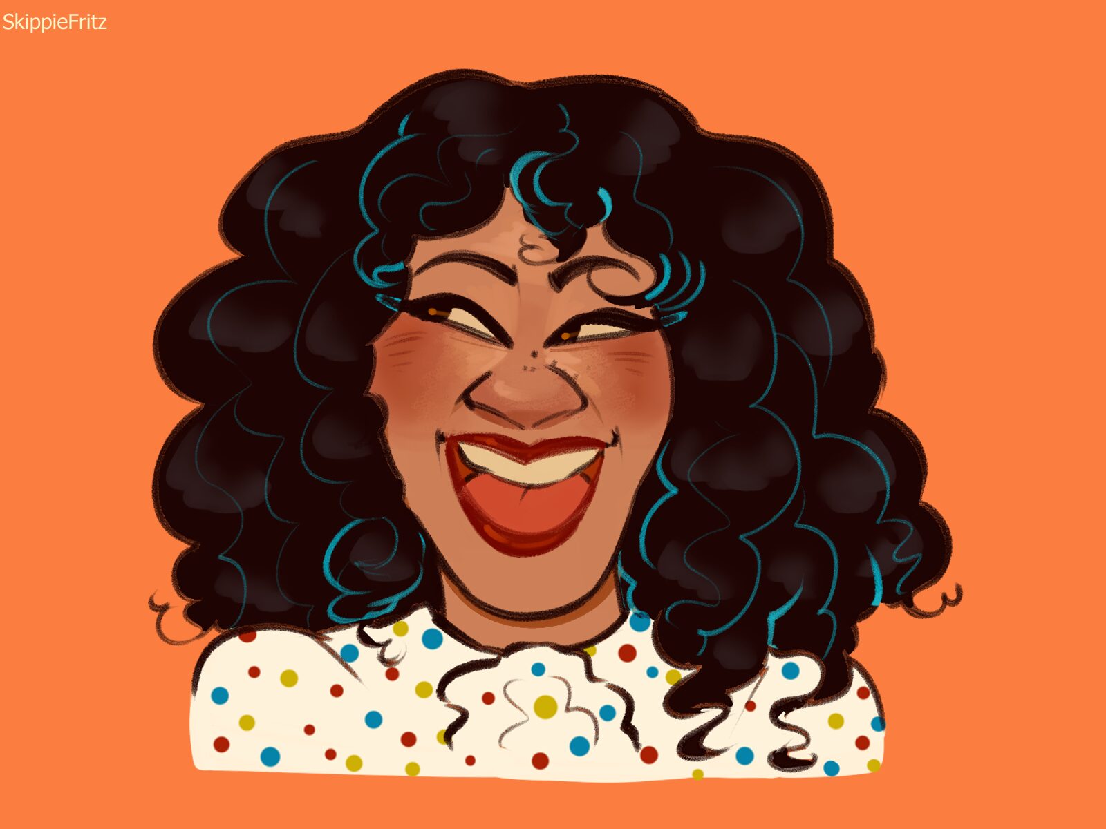 Cartoon woman with curly hair laughing, wearing a white polka-dot shirt, against an orange background.