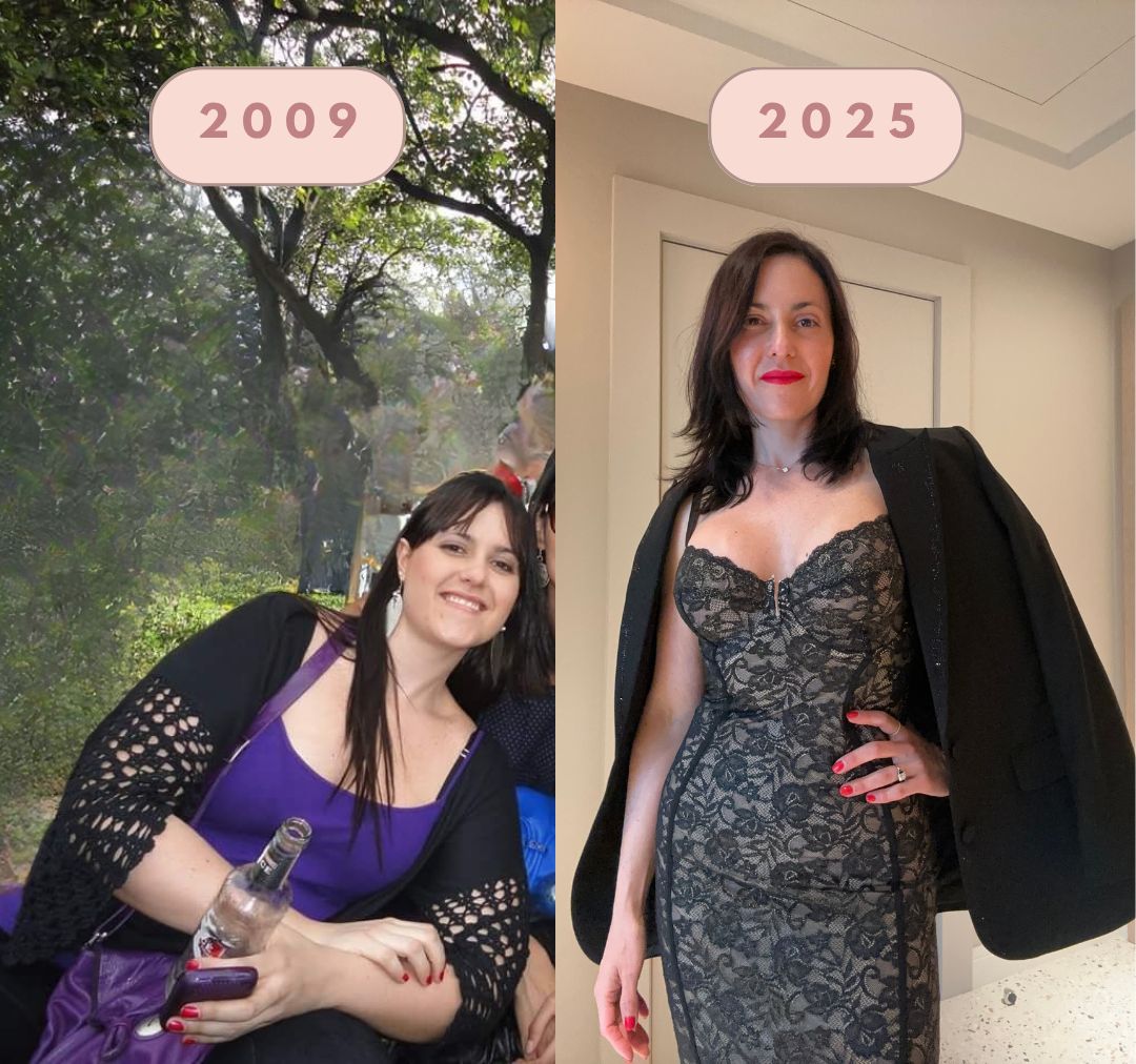 Comparison of a woman in 2009 and 2025, showing changes in hairstyle and clothing style, with labels above each image.