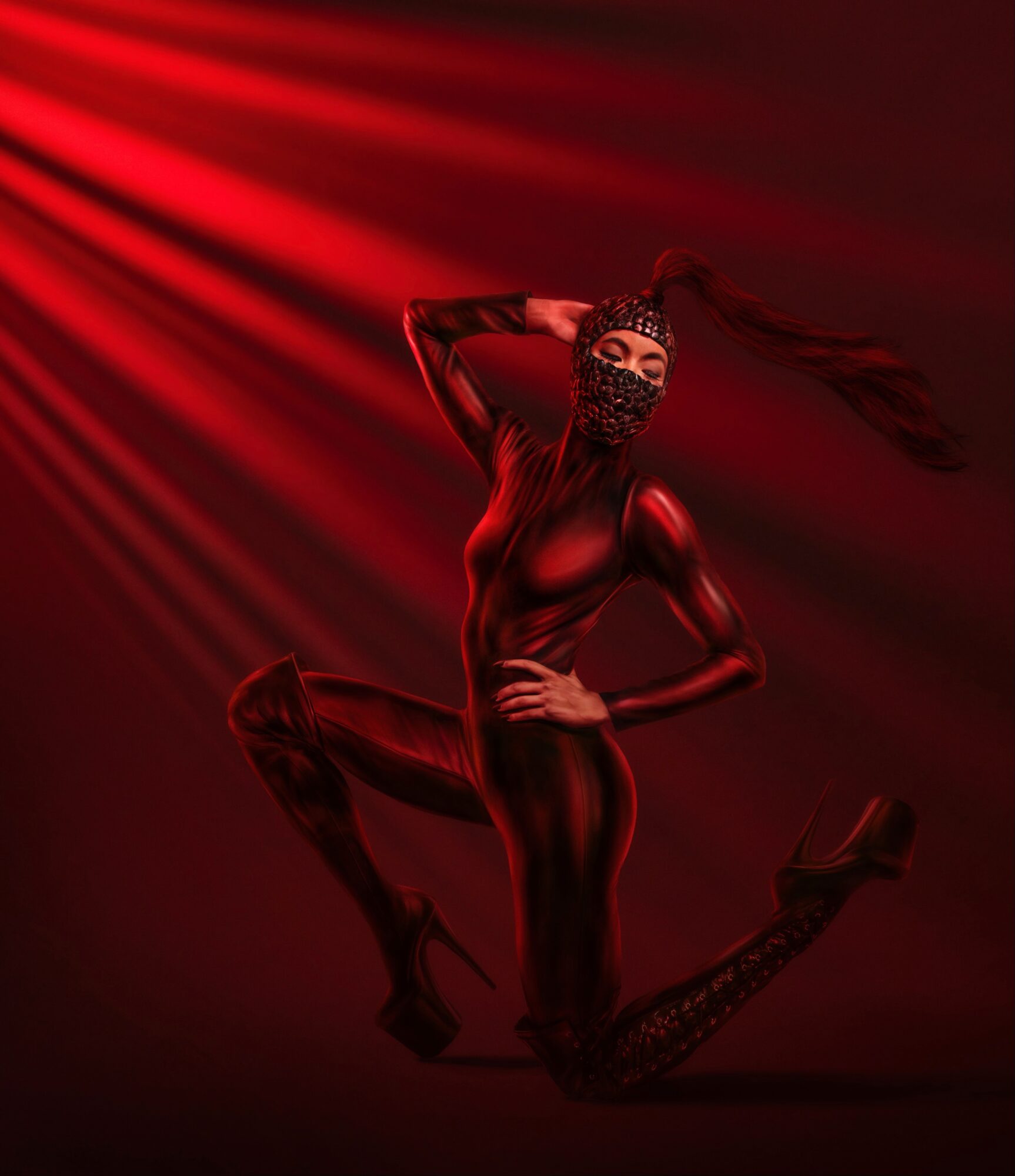 Person in a shiny, tight outfit with a face mask, striking a dynamic pose on a red-lit stage.
