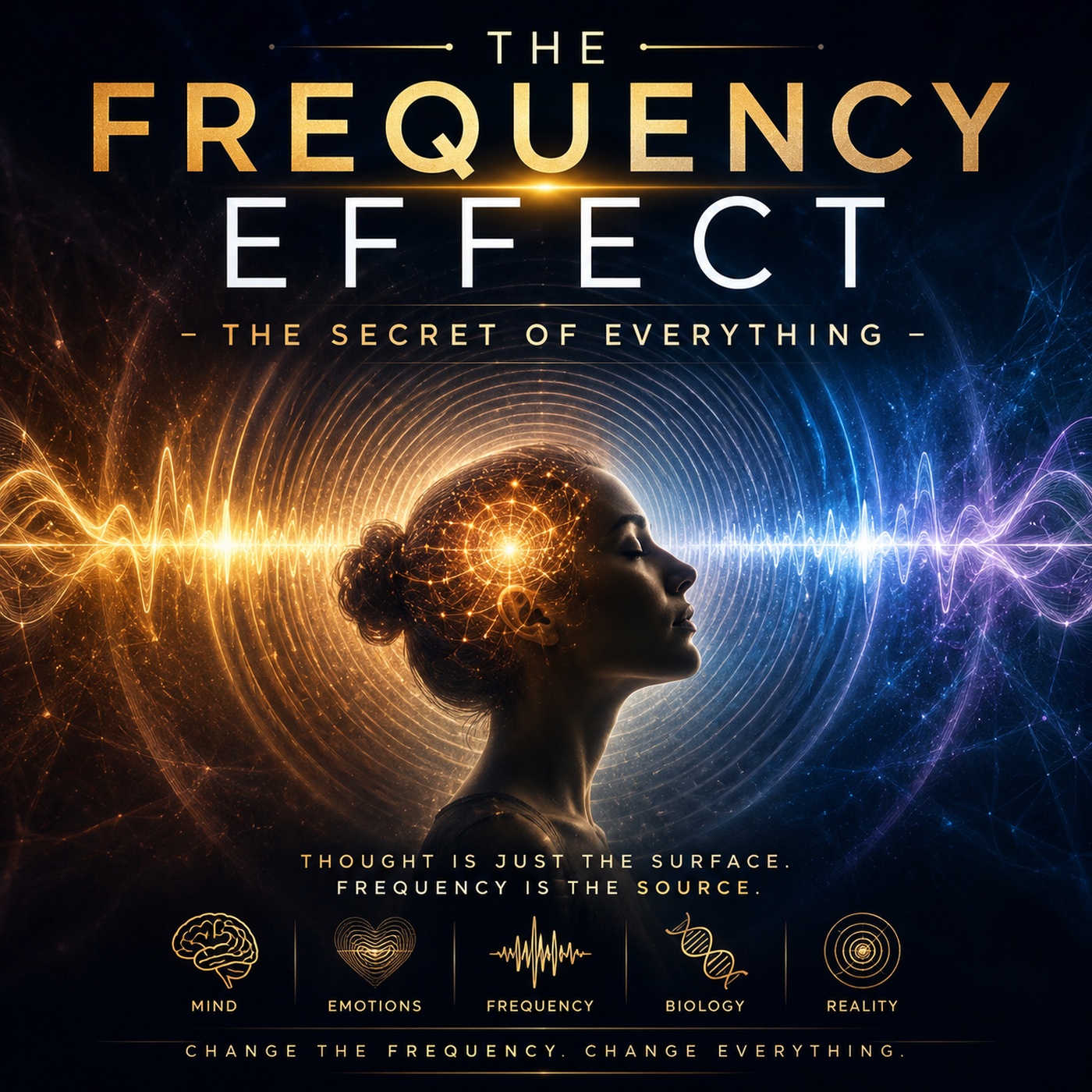 Book cover titled 'The Frequency Effect' with a woman's silhouette and colorful wave patterns, emphasizing mind, emotions, and biology.