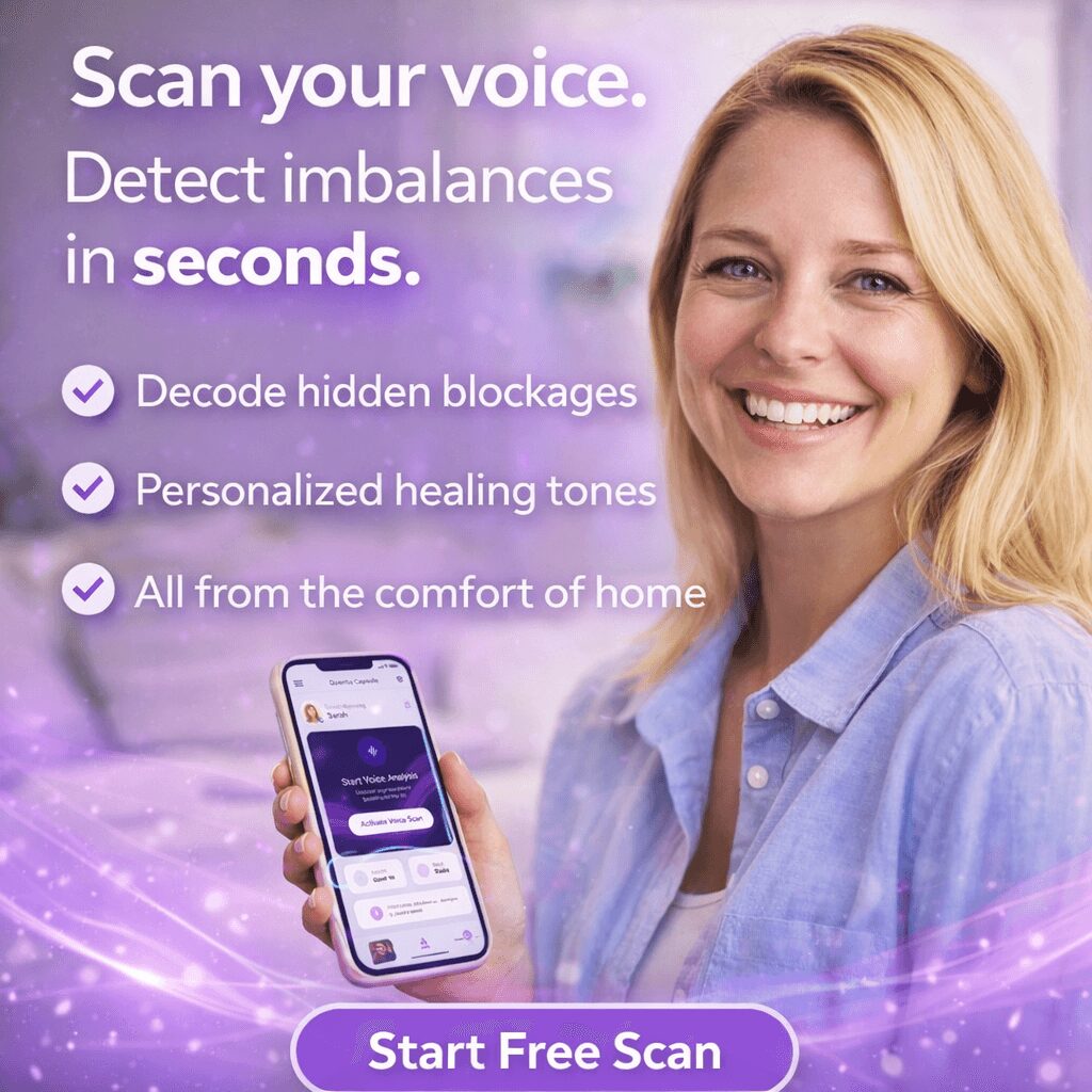 Smiling woman holding smartphone with app, promoting voice scan for imbalances, with purple background and text. Word count: 20.