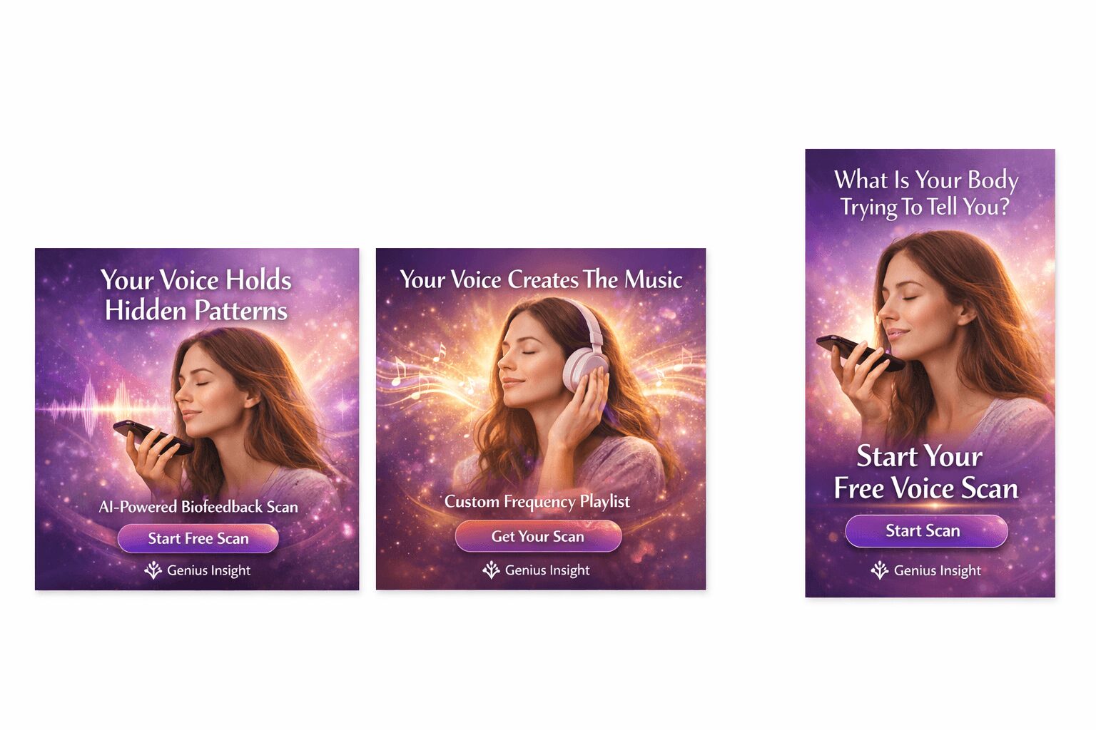 Three purple-themed cards with a woman using a smartphone, promoting voice and body scan features, with glowing effects.