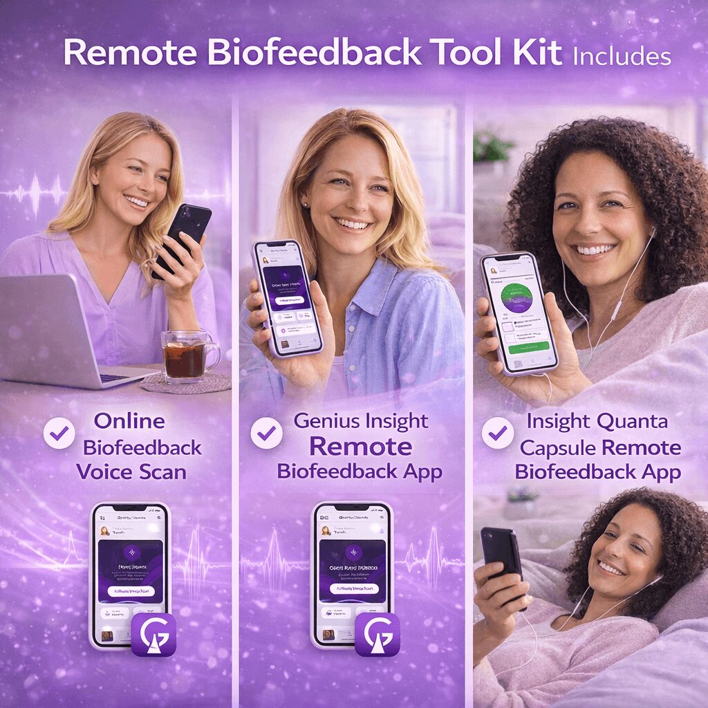 Four women using smartphones and a laptop, promoting a remote biofeedback tool kit, with app features displayed. Word count: 20.