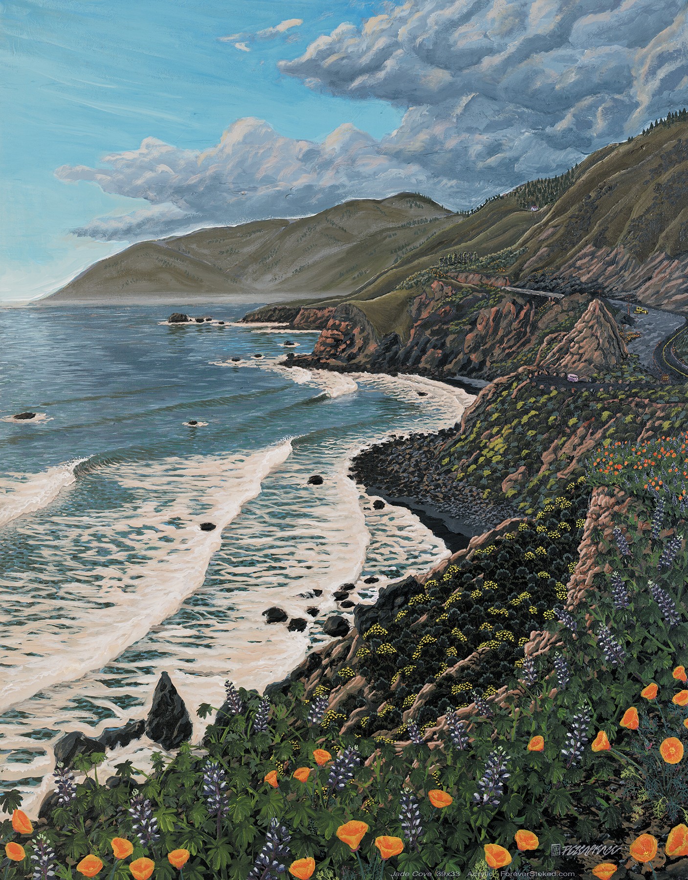 Coastal landscape with waves crashing on rocky shore, green hills, and cloudy sky, viewed from above.