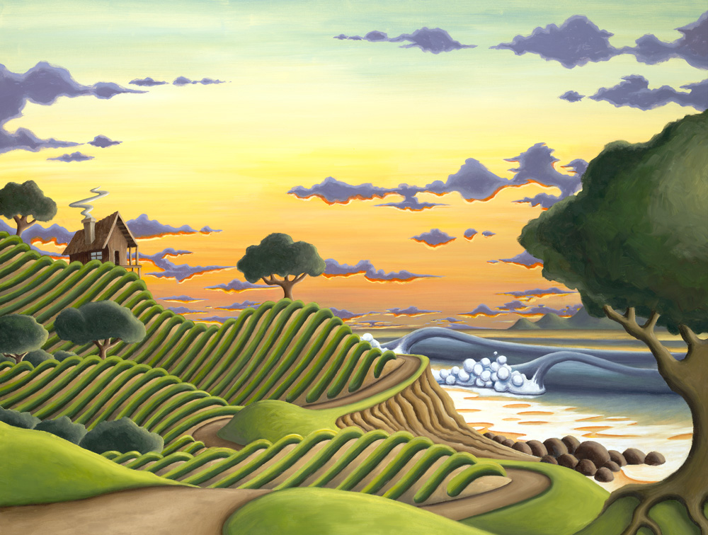 Landscape with rolling green hills, a river, trees, a small house, and a colorful sunset sky.