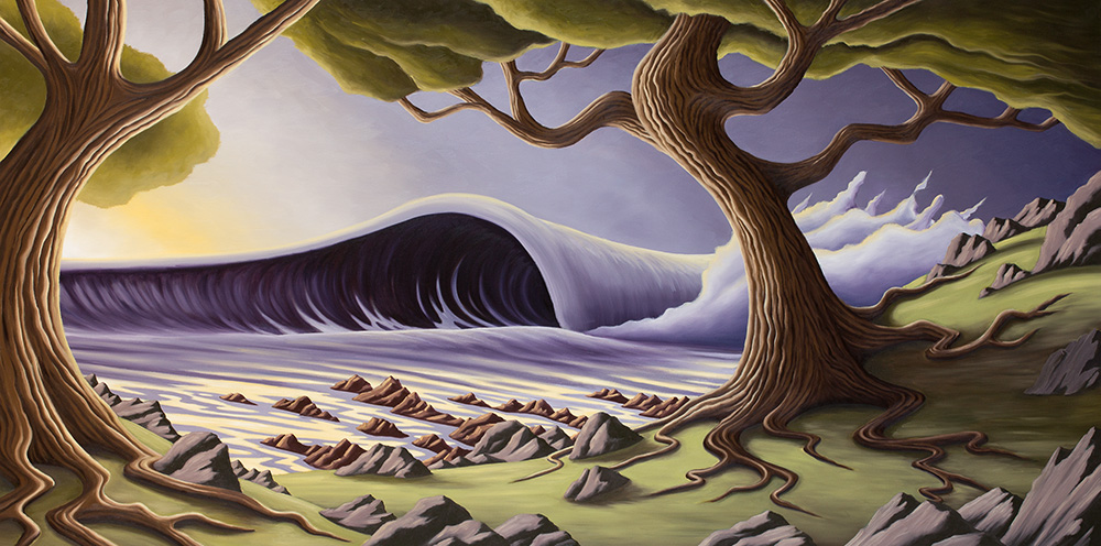 Landscape with large trees, a flowing river, and a mountain in the background, under a partly cloudy sky.