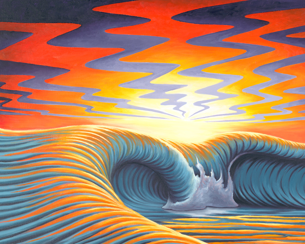Vivid sunset over ocean waves with colorful sky and rippling water, vibrant orange, yellow, and blue hues, stylized scene.